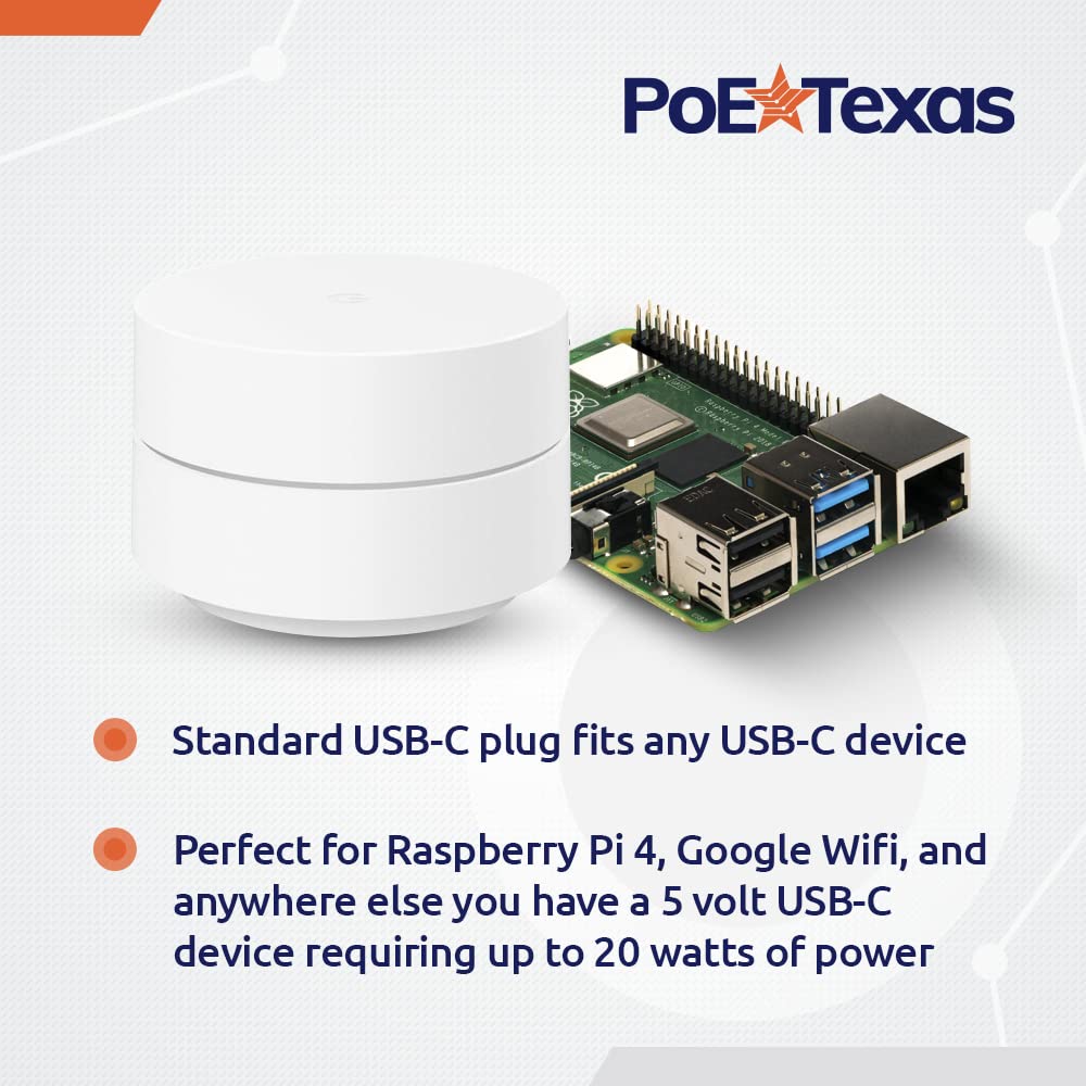 Poe Texas Poe+ Power For Usb C Devices, Including Google Wifi & Raspberry Pi   For Pos Systems, Digital Signage & More, Extend P