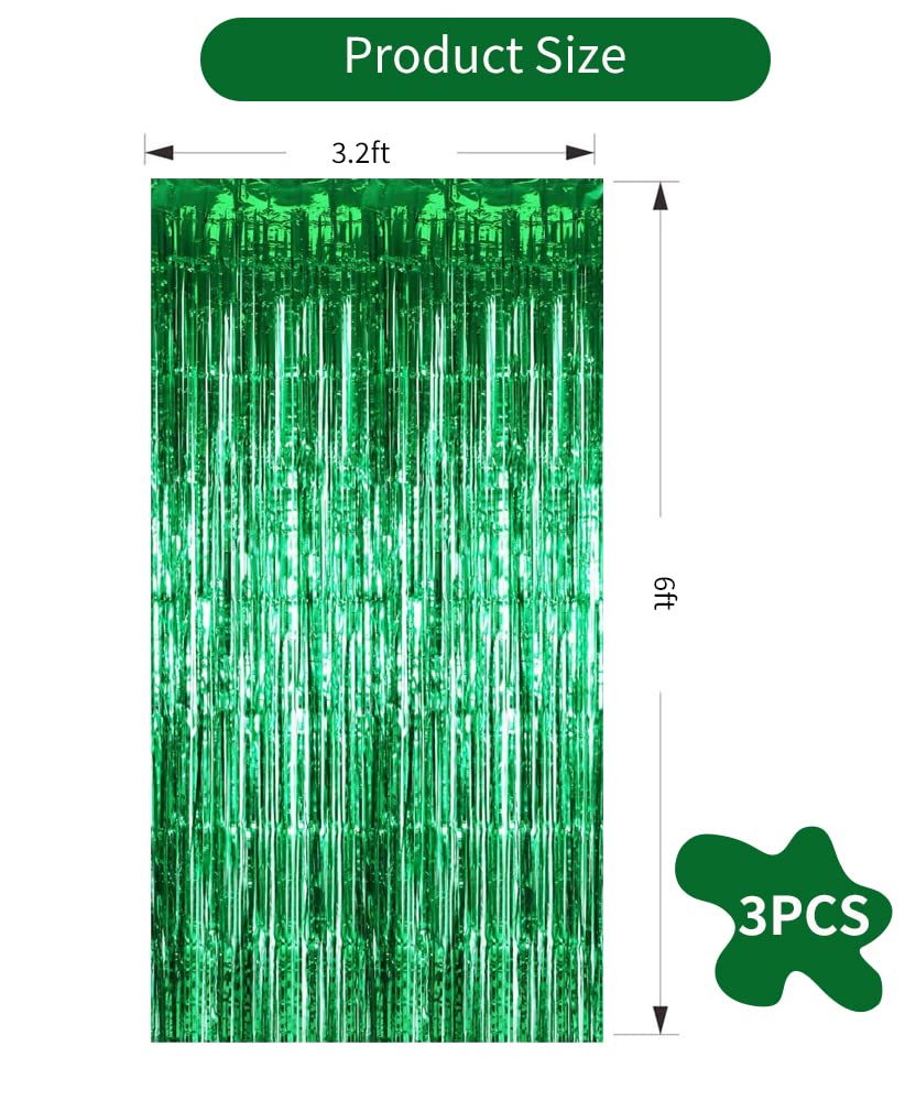 Toniful 3Pcs Green Door Streamers,Green Photo Booth Backdrop,Metallic Streamers Green Foil Fringe Curtains For Birthday,Christma