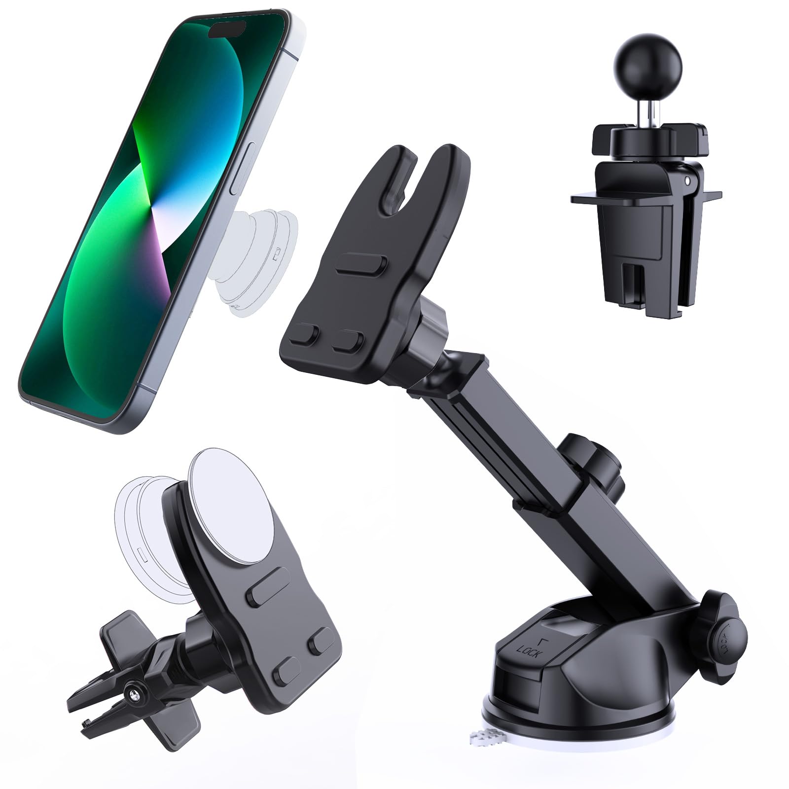 Jcbakc Socket Car Mount For Dashboard Air Vent Windshield,Car Phone Holder For Socket Grip With 2 Mounts,3 In 1 Stable Air Vent 