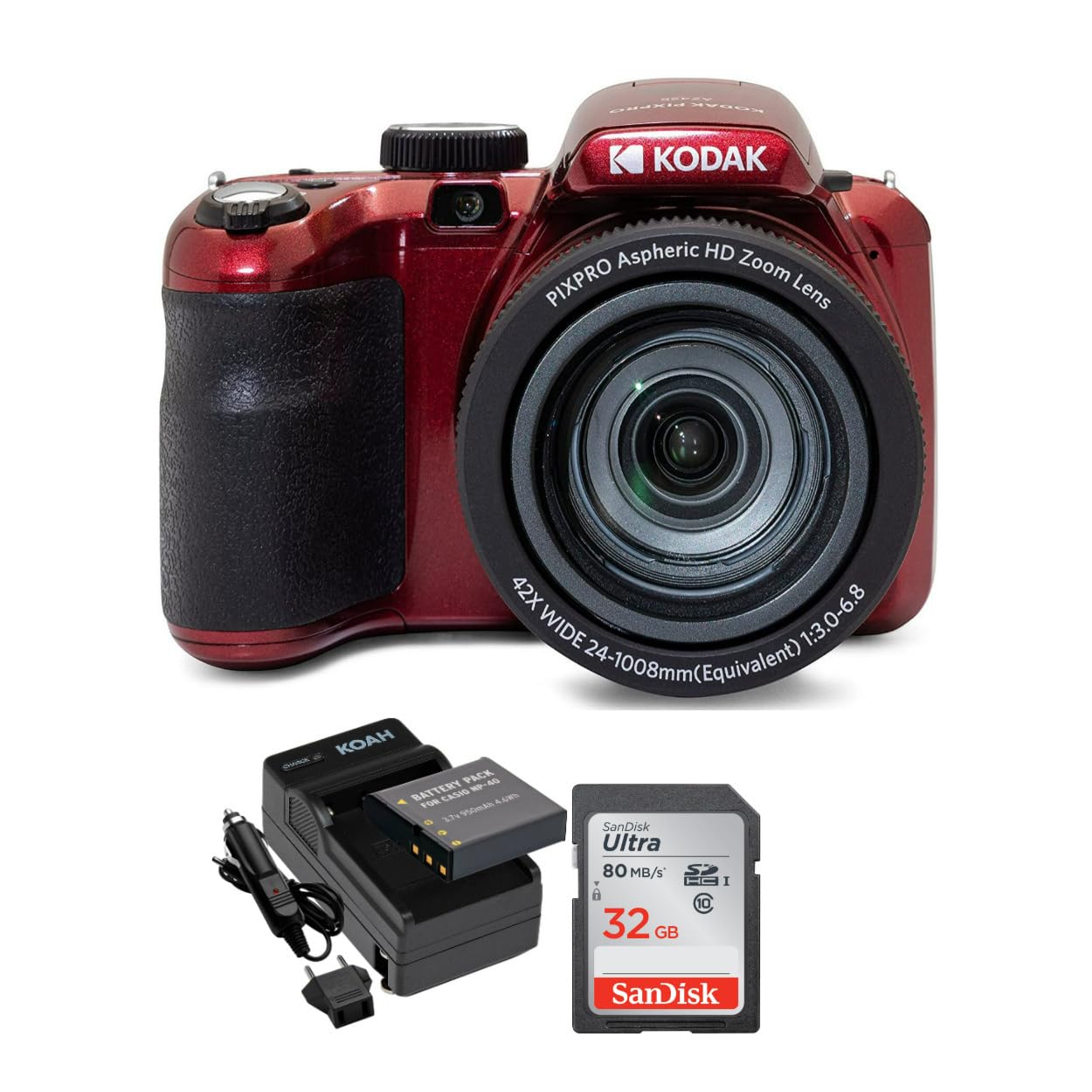 Kodak Pixpro Astro Zoom Az425 20Mp Digital Camera (Red) Bundle With 32Gb Card And Rechargeable Battery And Charger Kit (3 Items)