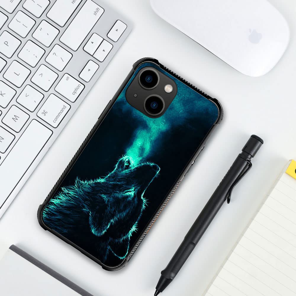 ZHEGAILIAN iPhone 14 Case Nebula Wolf Tempered Glass Back Soft Silicone TPU 6.1-inch