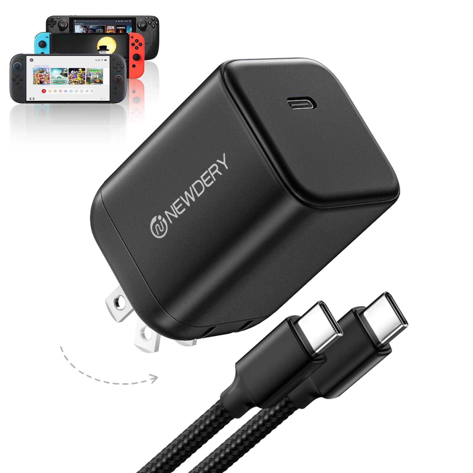 NEWDERY USB-C 65W GaN Charger for Nintendo Switch 2 (TV Mode), Small PD PPS USB-C Fast Wall Charging Block with 5ft Cable for Sw