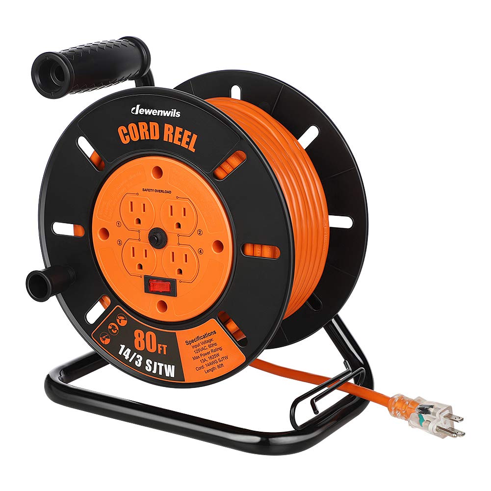 Dewenwils Retractable Extension Cord Reel, 80Ft Heavy Duty Open Cord Reel For Indoor Outdoor, 14/3 Awg Sjtw, 4 Grounded Outlets,