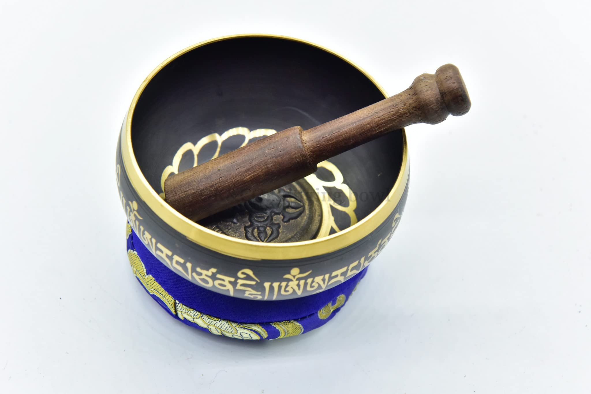 3.75'' Tibetan Meditation Yoga Singing Bowl Black Set With Free Wooden Mallet And Silk Cushion From Nepal, Singing Bowls.