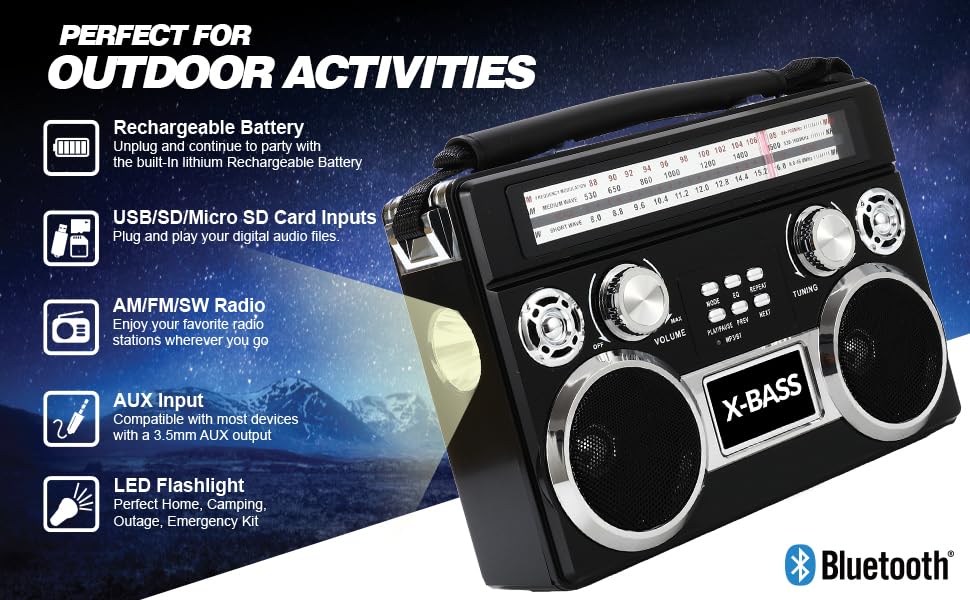 Supersonic Sc-1097Bt Portable 3 Band Radio With Bluetooth And Flashlight, M/Fm/Sw Receiver With Mp3 Playback, High Sensitivity,