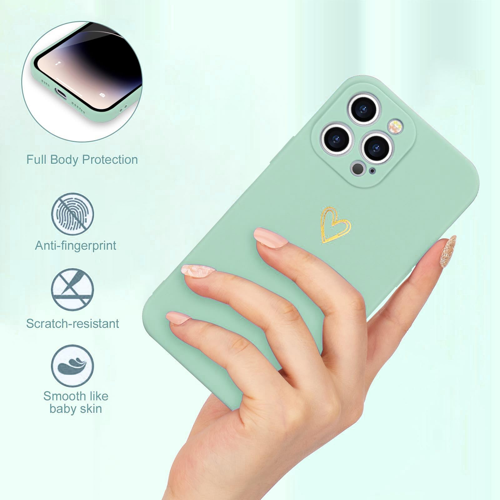 Wirvyuer For Iphone 14 Pro Max Case Cute Slim Shockproof Phone Case With Wireless Charging Support And Protection, Mint Green