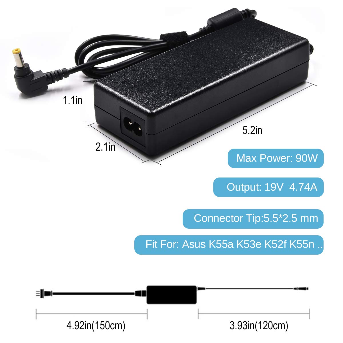 90W Ac Laptop Adapter Charger For Asus K52F K53E K55A K55N U56E X550 X550Ca X550L X550La X551C X551Ca X551M X551Ma X551Mav X751Ma Adp 65Jh Bb Exa0703Yh Adp 65Gd B Power Supply Cord