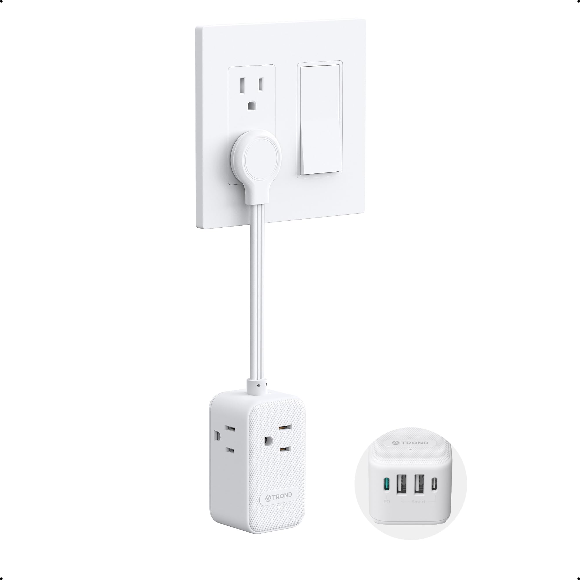 Trond Outlet Extender With 6 Inch Cord   Multi Plug Wall Outlet With Pd 20W Usb C Plug Adapter, Ultra Short Extension Cord, 3 Wa