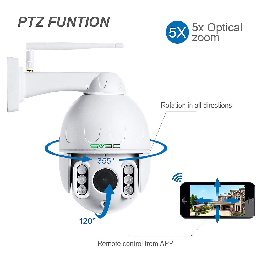 Sv3C 1080P Outdoor Ptz Wifi Camera, Onvif Security Ip Camera With Auto Tracking, 197Ft Hd Night Vision, 5X Optical Zoom, Two Way