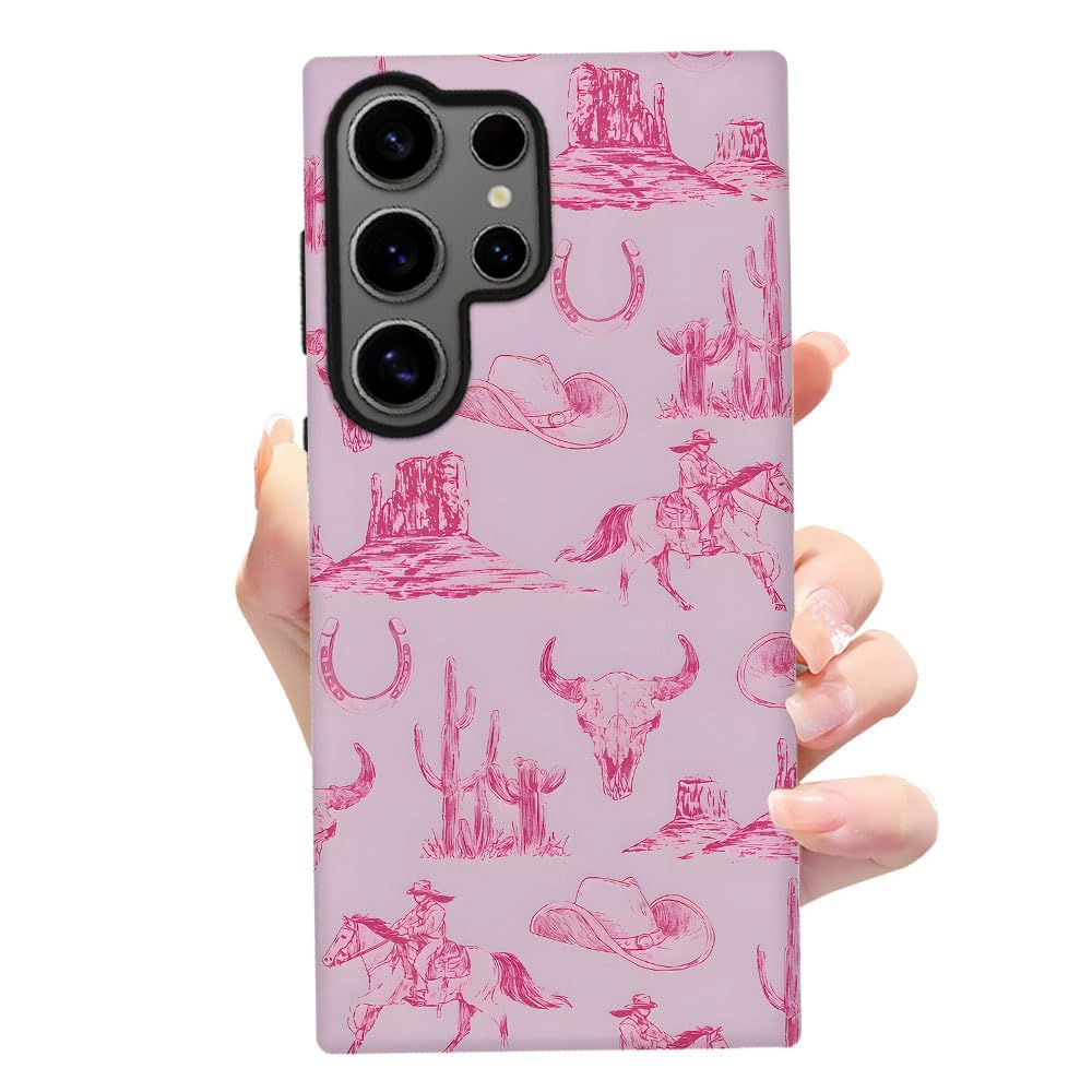 Tnxee Case For Samsung Galaxy S23 Ultra,Pink Hat Horse Western Cowboy Phone Case Drop Resistant Frosted 2 In 1 Solid Dual-Layer