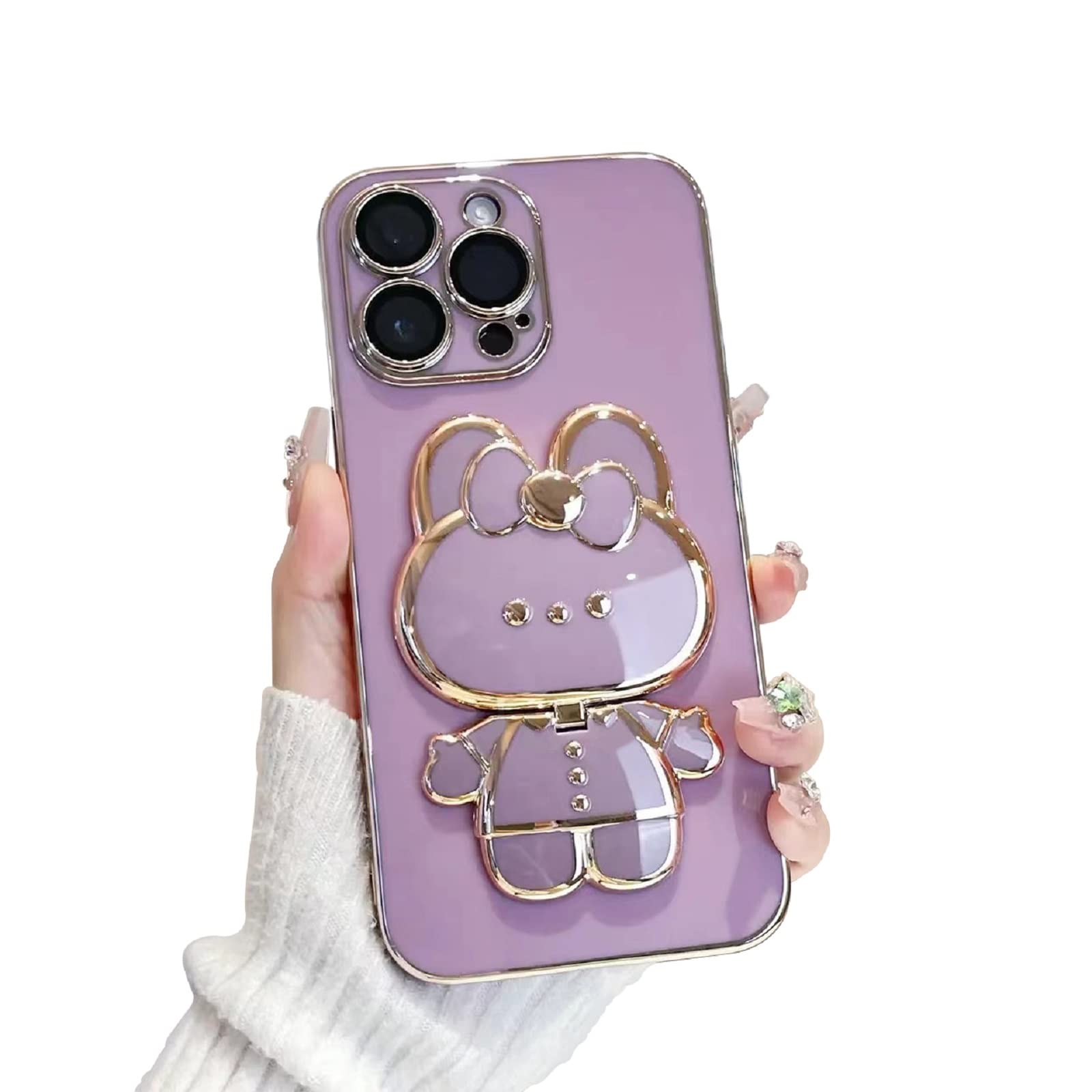 Cute Bunny Hidden Stand Iphone 14 Pro Case, Soft Tpu Bumper Shockproof 3D Mirror Rabbit Bracket Phone Case With Camera Protectio