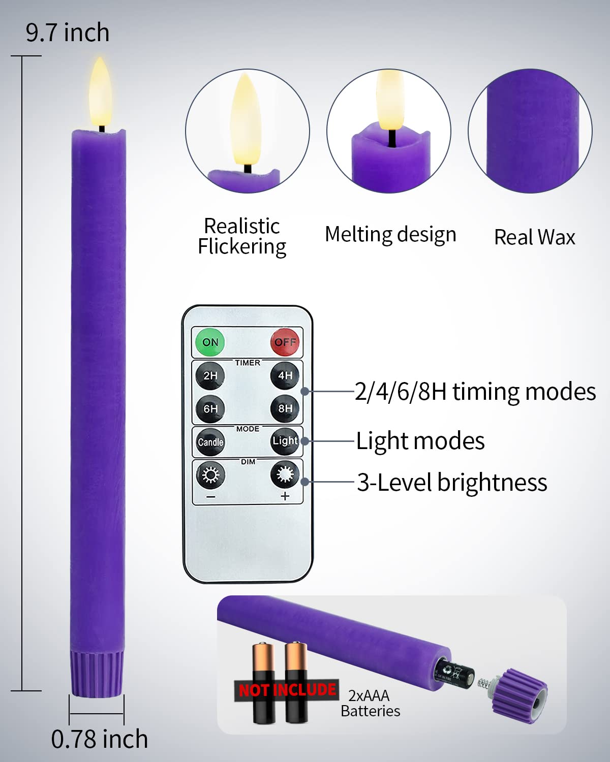 Shymery Flameless Advent Candles,Real Wax Battery Operated Electric Led Taper Candles With Remote Timer, Set Of 4 Purple & Pink