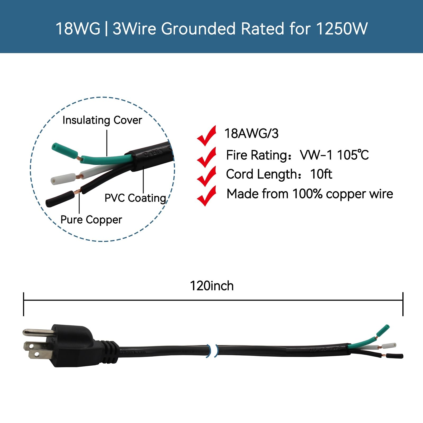 10Ft Power Cable Replacement, Cable 110V 115V 120V 300V Pigtail For Appliance, Nema 5 15P Plug Us Sjt 18Awg (18/3)