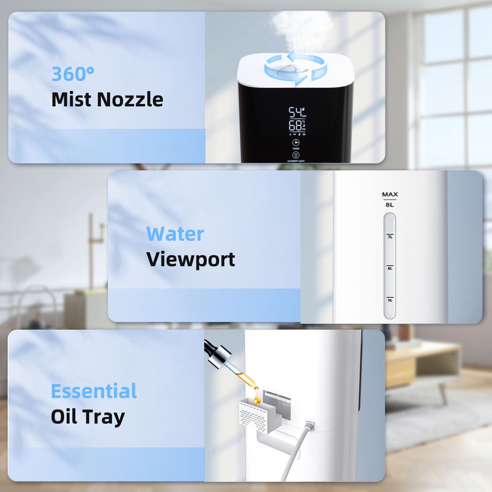 2.11Gal Ultrasonic Cool Mist Humidifier With Timer And Humidistat For Large Rooms   Home, Bedroom, Baby, Adults, Plants