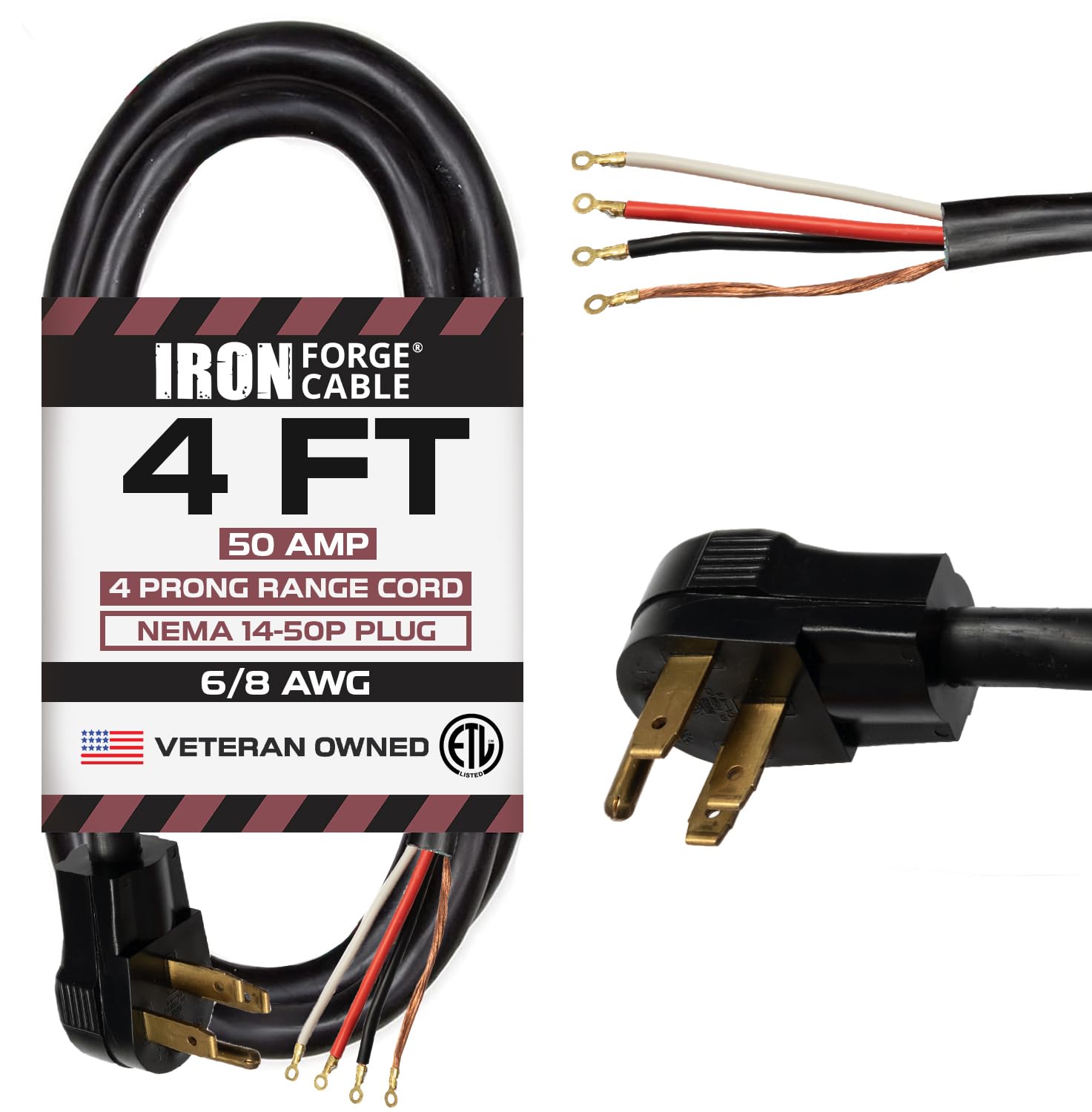 Iron Forge Cable 4 Prong Range Cord, 4 Foot   Heavy Duty 6/8 Awg 50 Amp Power Cable, Nema 14 50P Outlet Extension Cord To 4 Wire