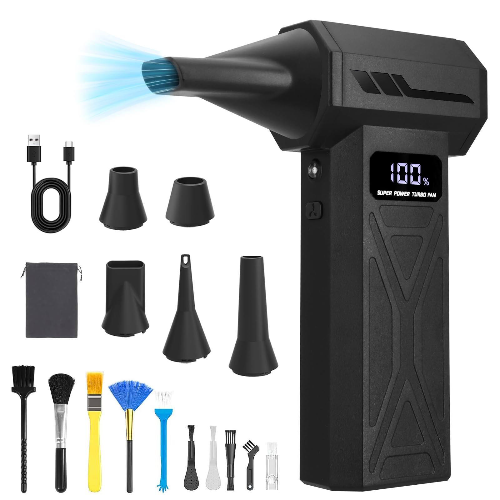 Xamanabu Compressed Air Duster, 110000RPM Electric Air Blower with 4-Speed Adjustable & LED Light, Rechargeable, Fast-Charging f