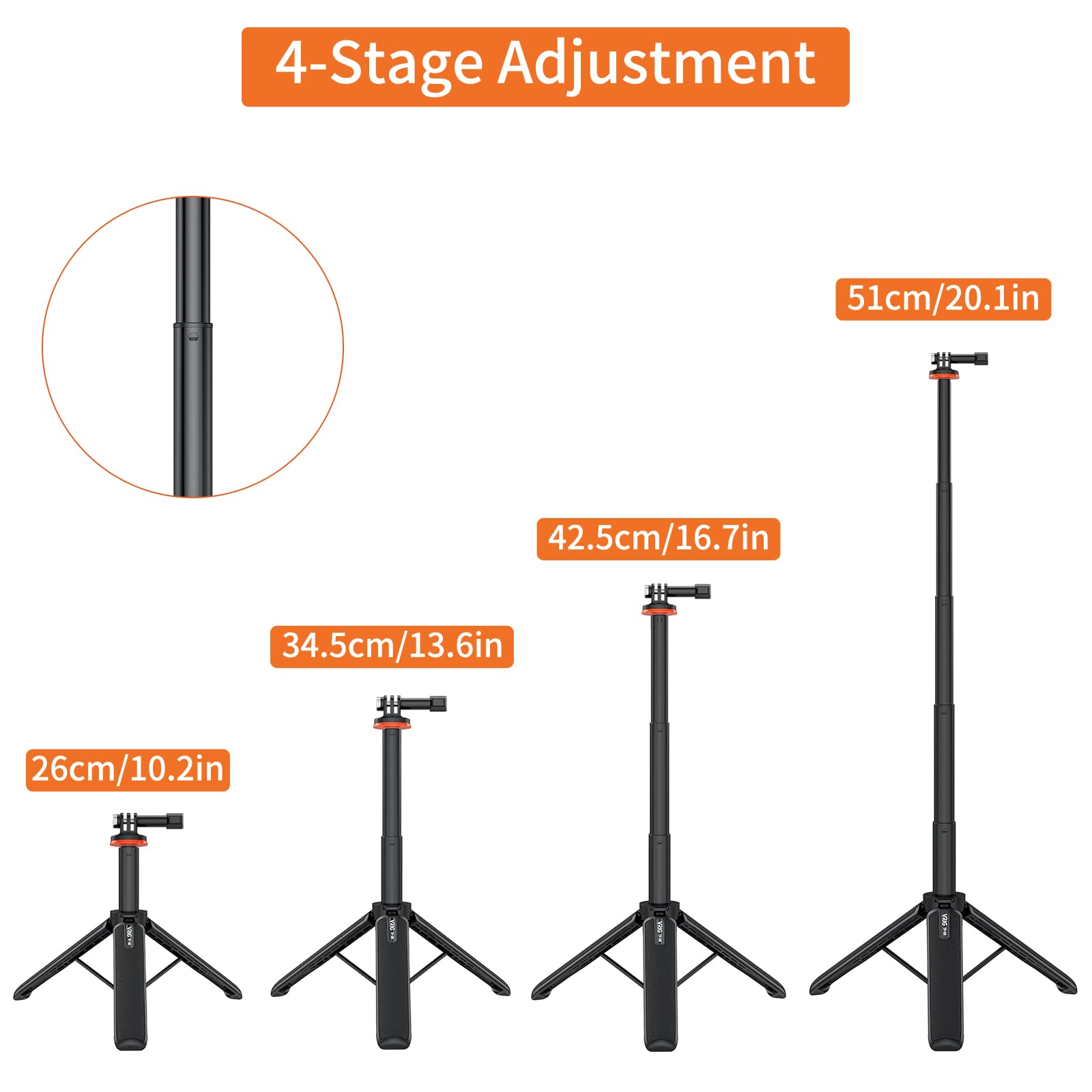 Uurig 20.1' Mini Extendable Gopro Tripod Portable Selfie Stick Tripod Camera Tripod For Gopro Max Hero 11 10 9 8 7 6 5 4 3 3+ 2 1 Session