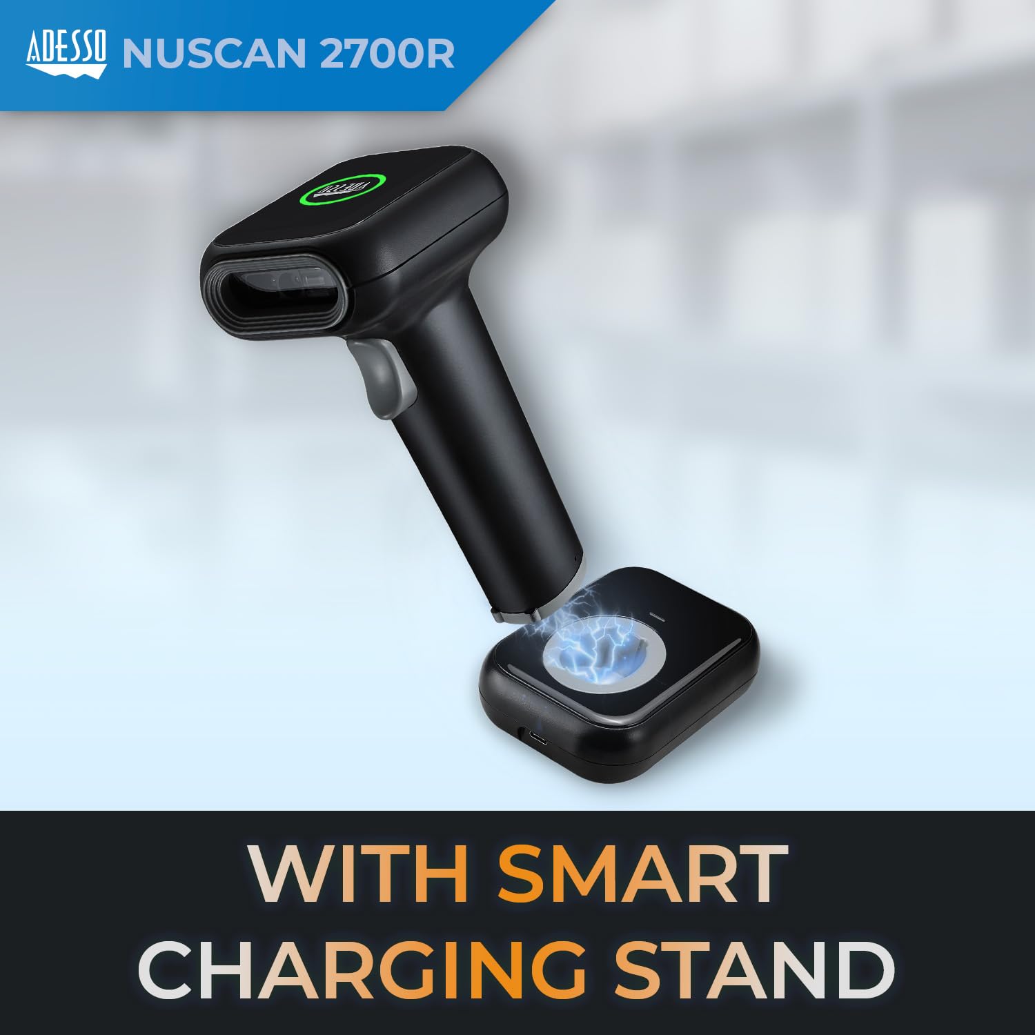 Adesso Nuscan 2700R Wireless Barcode Scanner With Charging Cradle - High-Speed 2D Scanning Engine, 120 Fps, 2.4Ghz Rf Wireless T