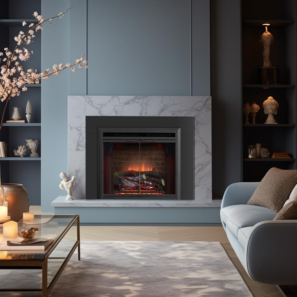 Puraflame Klaus 23    Electric Fireplace Insert With Trim Kit, Fire Crackling Sound, Resin Log, Glass Door And Mesh Screen, 750/