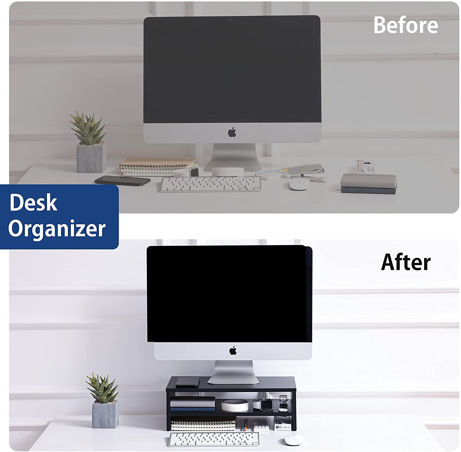 FITUEYES Monitor Stand   2 Tier Computer Monitor Riser with 16.7 Inch Shelf, Wood Desktop Stand for Laptop Computer Screen, Desk Organization, Office Supplies,Black, DT204201WB