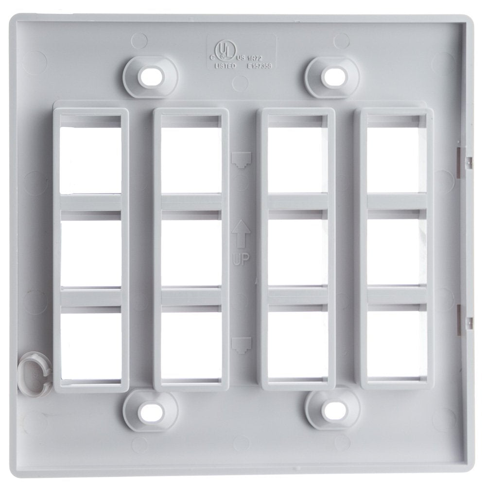 Keystone Wall Plate 12 Port, White (Cat5e, Cat6, Coax (Video), Aux (Cat6 for Data, IP Phone, POTS or Other), Dual Gang, CableWholesale