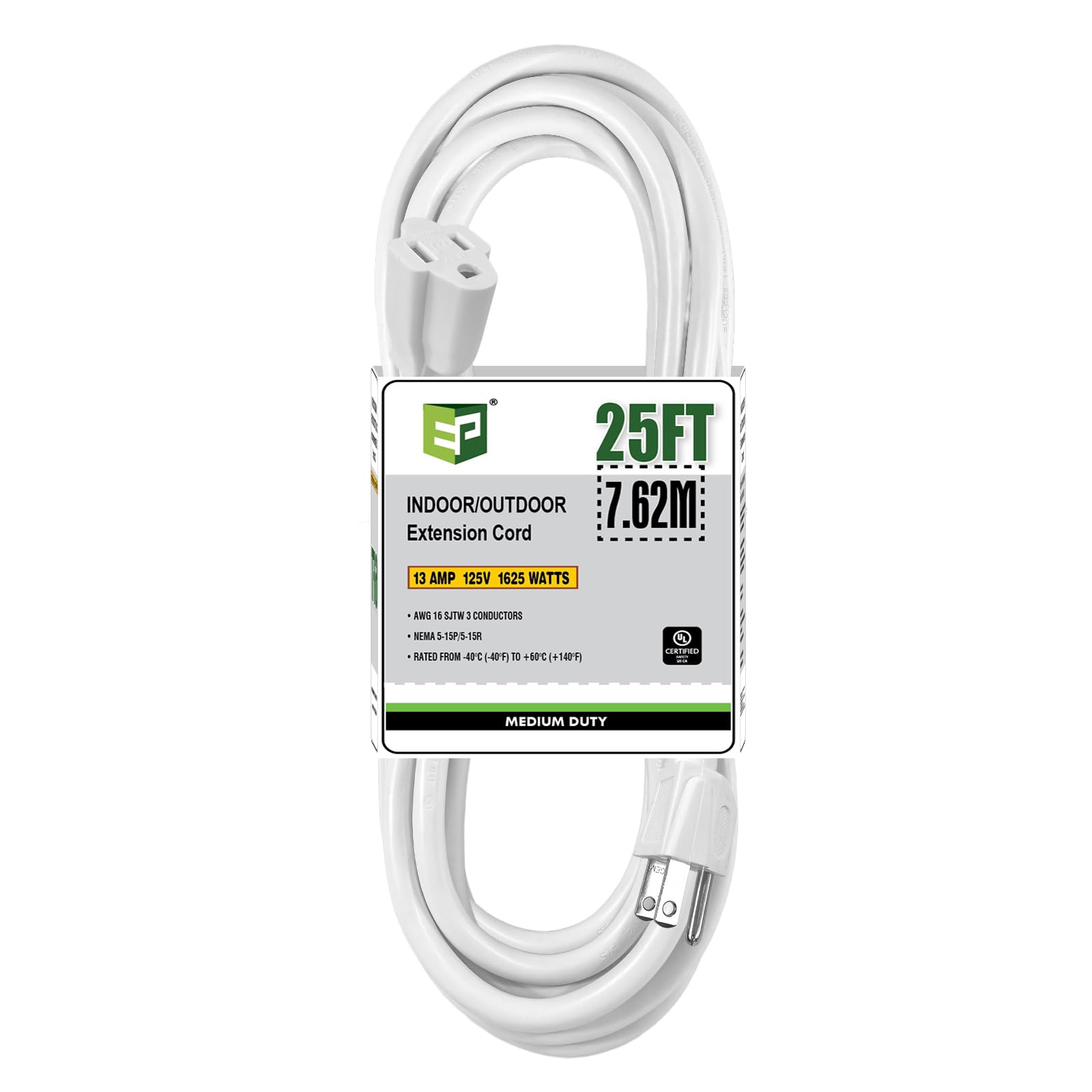 Ep 25 Ft Outdoor Extension Cord   16/3 Sjtw White Electrical Cable With 3 Prong Grounded Plug, Ul Listed