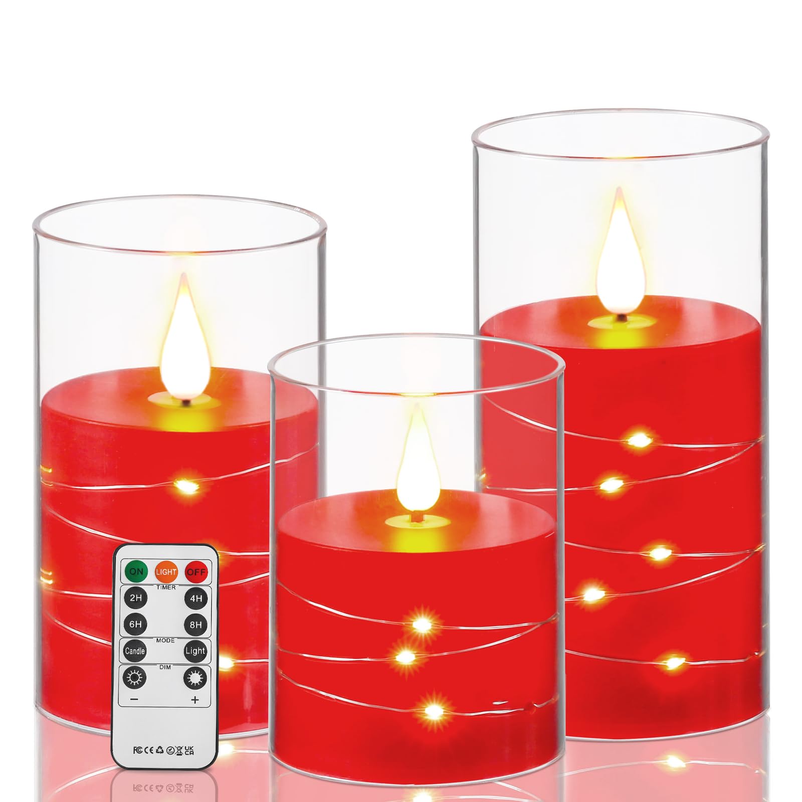 Da By Red Flameless Candles With String Lights, Battery Operated Candles With Remote And Timer,Flickering Acrylic Led Pillar Can