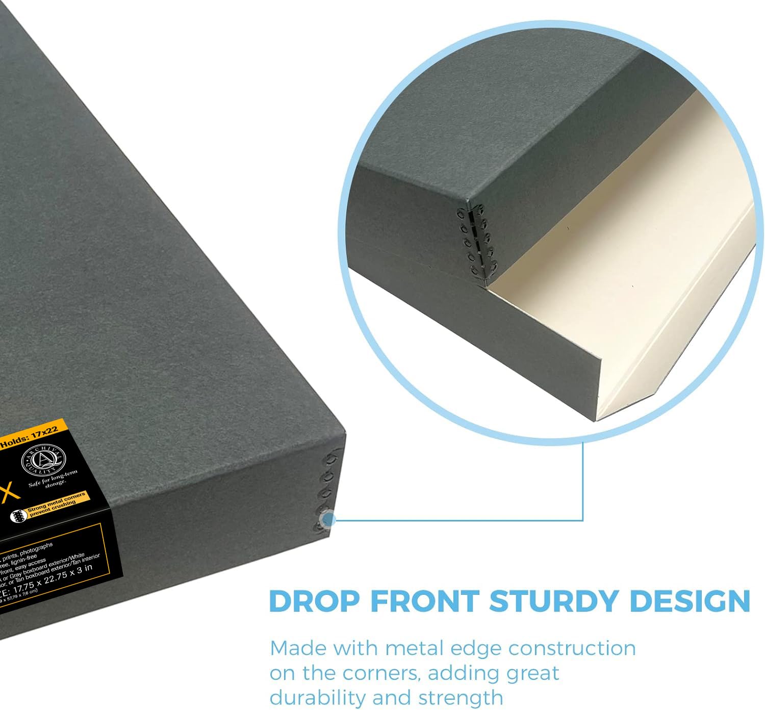Lineco Museum Archival Storage Box, 17.75X22.75X3 In. Drop Front Design. Acid Free With Metal Edge. Organize Photos, Pictures, Prints, Documents, Crafts, Diy. Gray, 1 Pack
