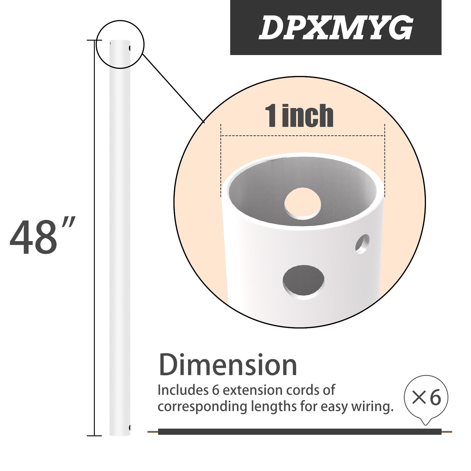 Dpxmyg 48 Inch Ceiling Fan Downrod With Extension Cord, 4 Ft White Downrod For Ceiling Fan, 1 Inch Outside Diameter, Ceiling Fan