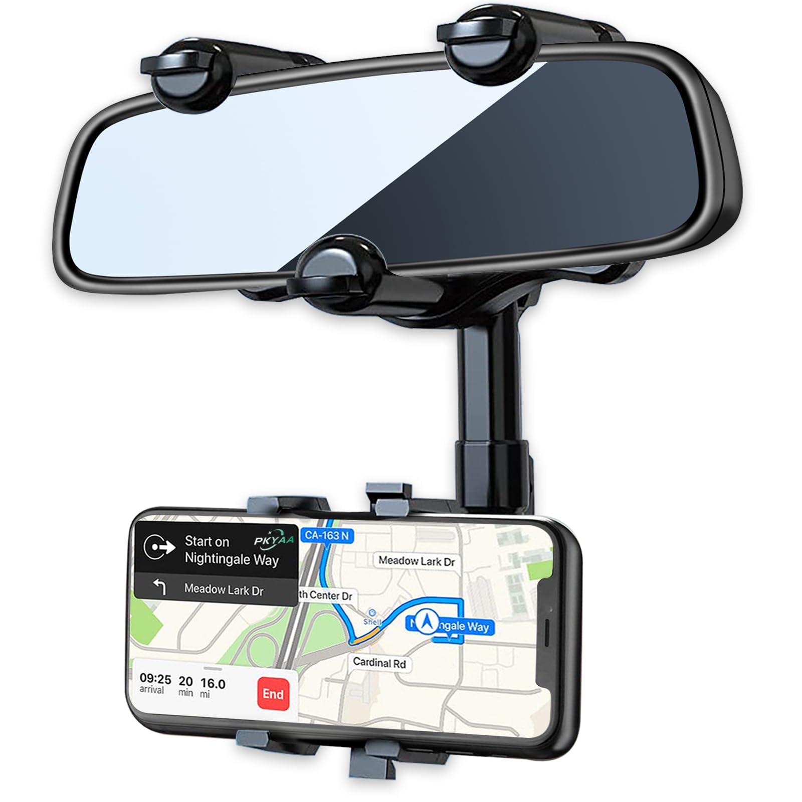 Pkyaa Rearview Mirror Phone Holder For Car, 360� Rotating Rear View Mount With Adjustable Arm Length, Multifunctional And Gps Universal Car All Smartphones