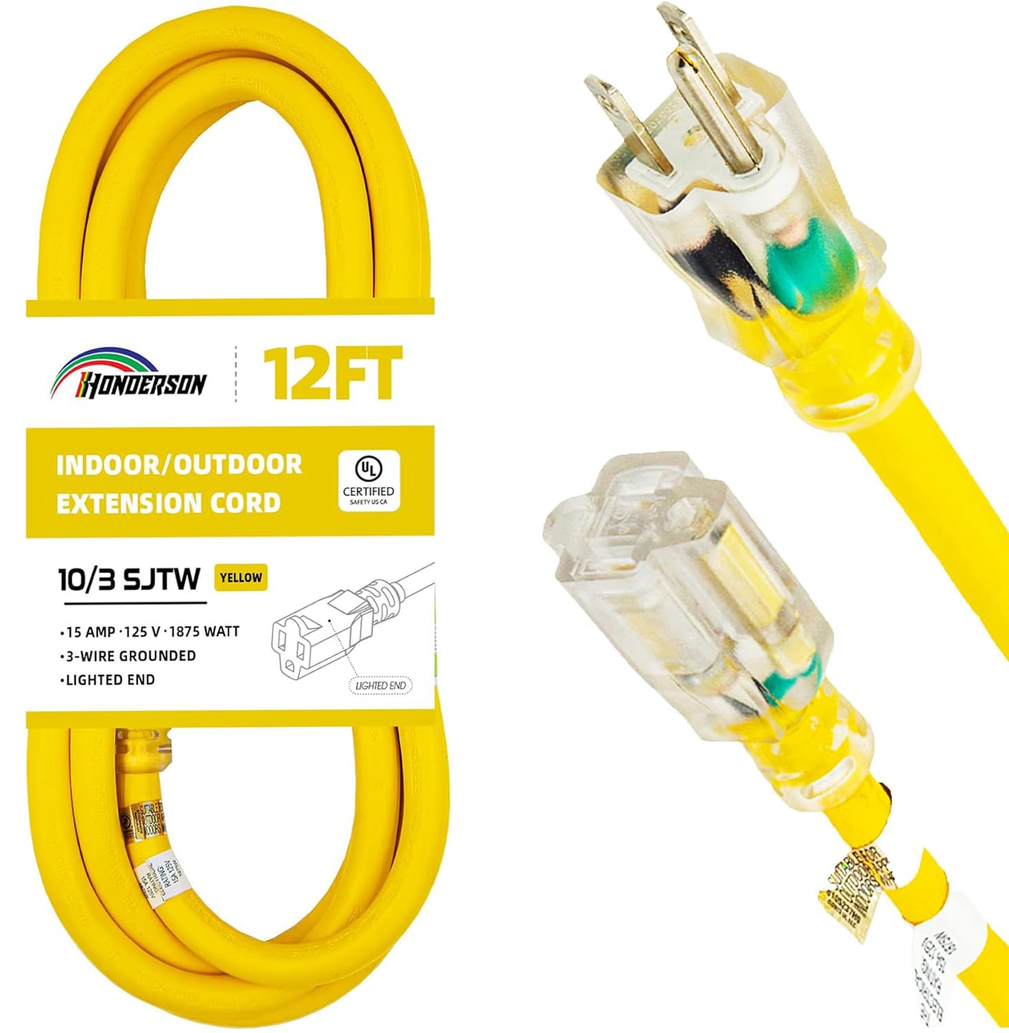 Honderson Indoor Outdoor Extension Cord Weatherproof With Lighted End, Ul Listed, 10 Gauge 12Ft Yellow 3 Prong Heavy Duty Extens