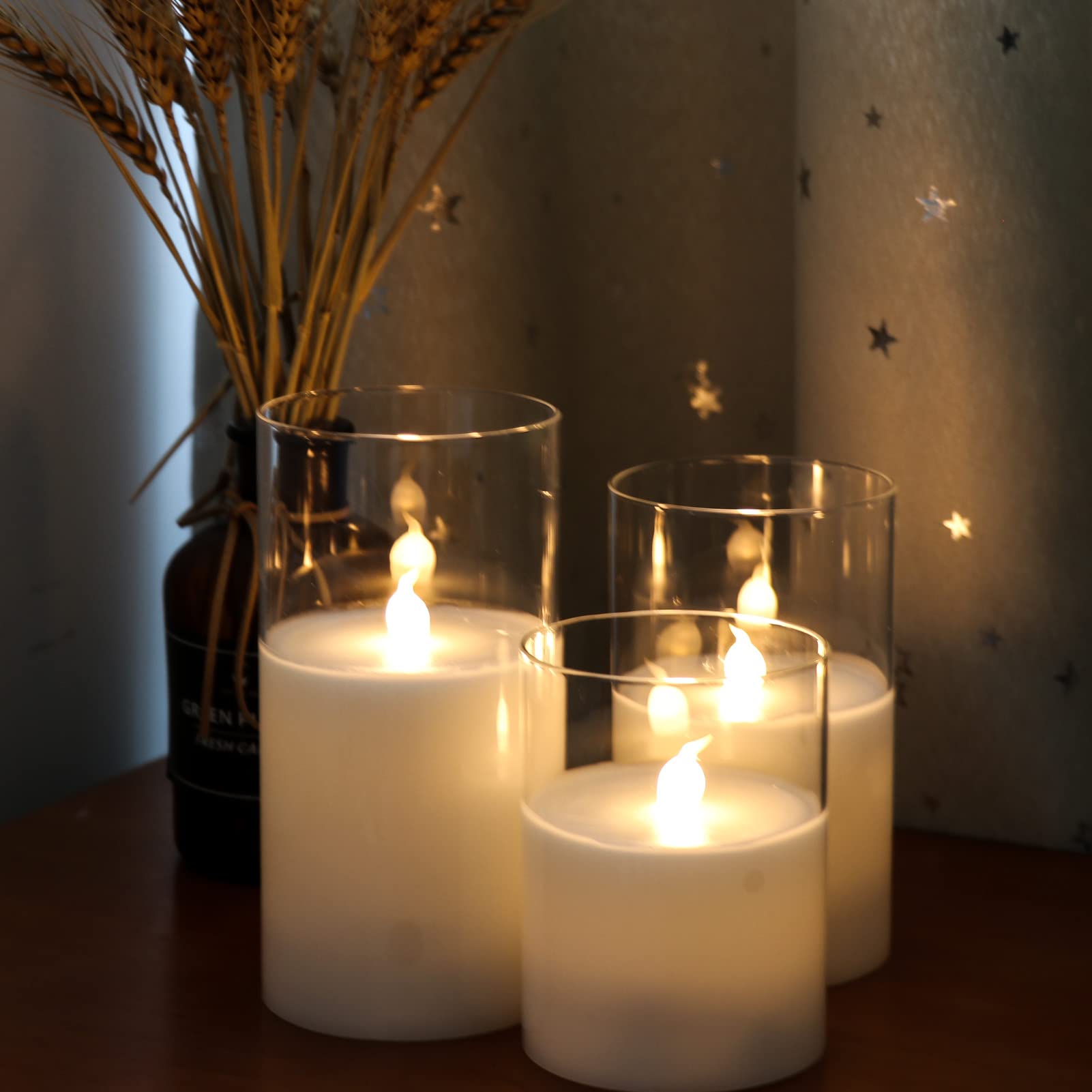 Genswin Clear Glass Battery Operated Flameless Led Candles With 10 Key Remote And Timer, Real Wax Candles Warm White Flickering