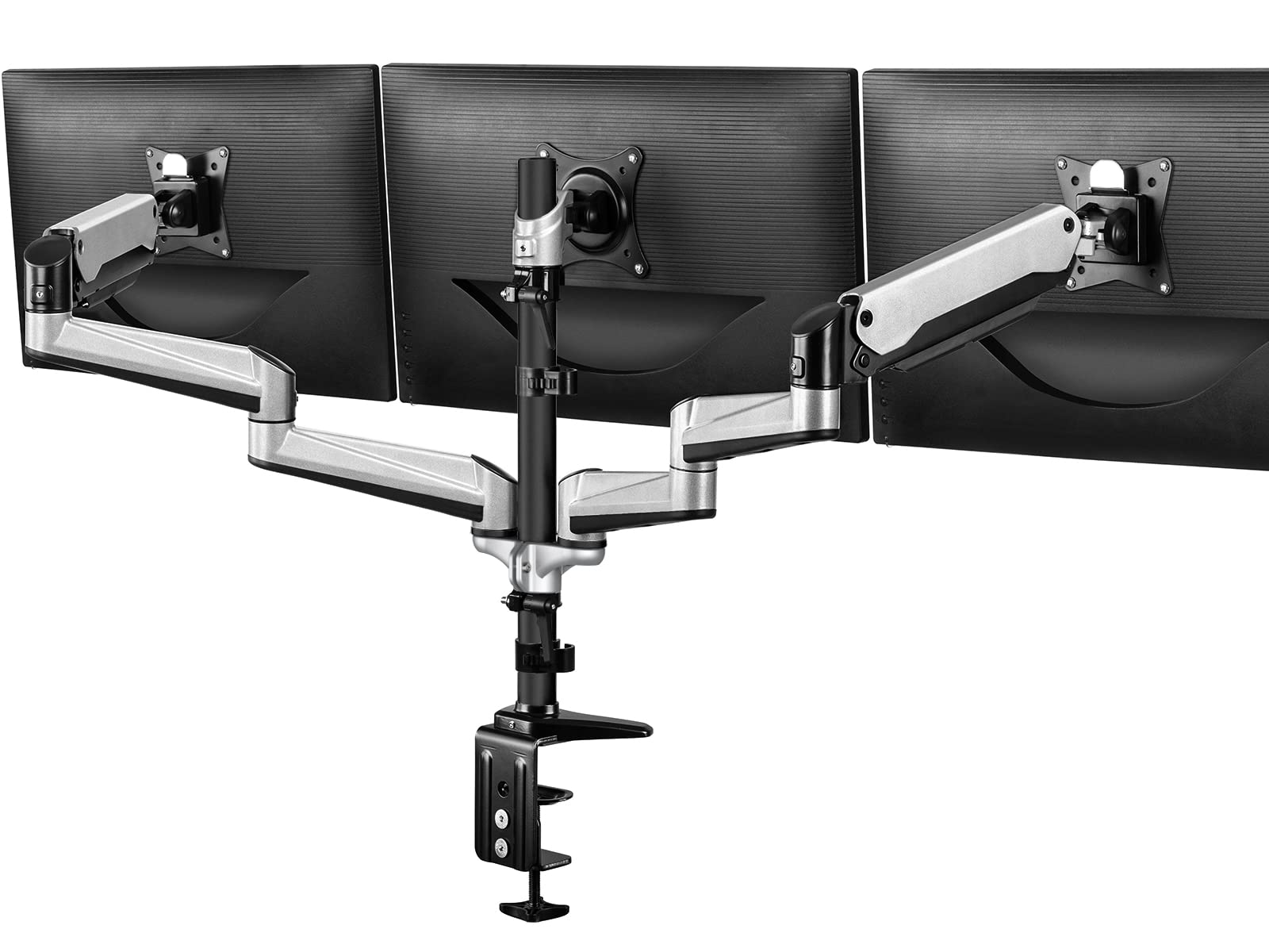 Huanuo Triple Monitor Stand   Full Motion Articulating Gas Spring Monitor Mount Fit Three 17 To 32 Inch Flat/Curved Lcd Computer Screens With Clamp, Grommet Kit, Silver
