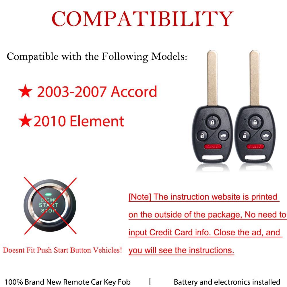 Mechanmagic Key Fob Remote Replacement Fits For Accord 2003 2004 2005 2006 2007/Element 2010 Oucg8D-380H-A Keyless Entry Remote