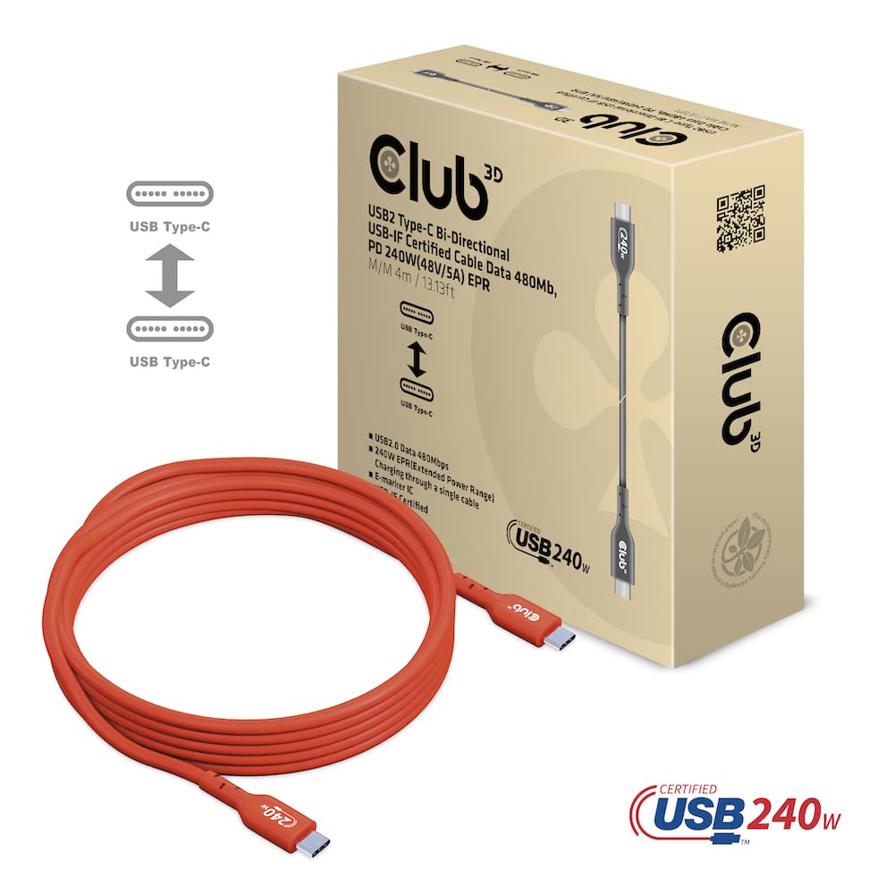 Club 3D Cac-1515 Usb2 Type C To Type C Certified Bi-Directional Cable With 240W Charging, 480Mb Data Transmission Epr 4M -13.13F