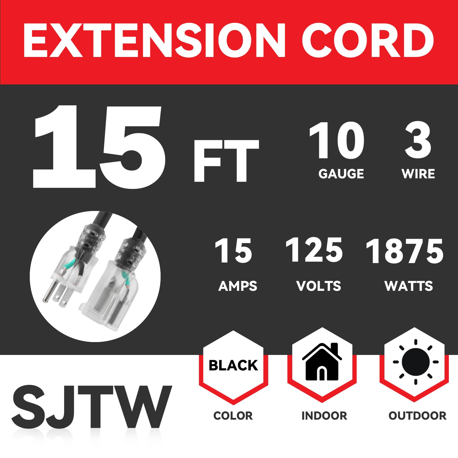 Ep 15 Ft Lighted Outdoor Extension Cord   10/3 Sjtw Heavy Duty Black Extension Cable With 3 Prong Grounded Plug For Safety, Ul L