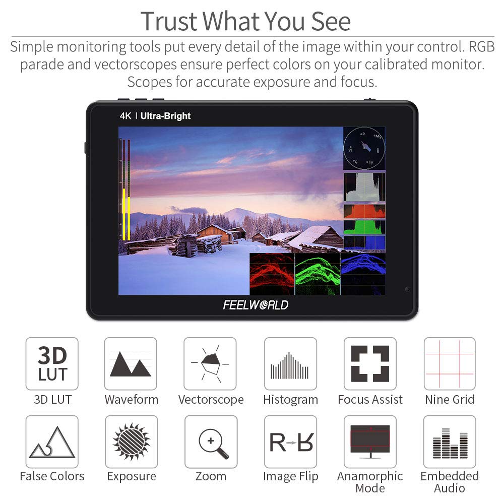 Feelworld Lut7 7 Inch Ultra Bright 2200Nit Touchscreen Camera Dslr Field Monitor With 3D Lut Waveform Automatic Light Sensor 192