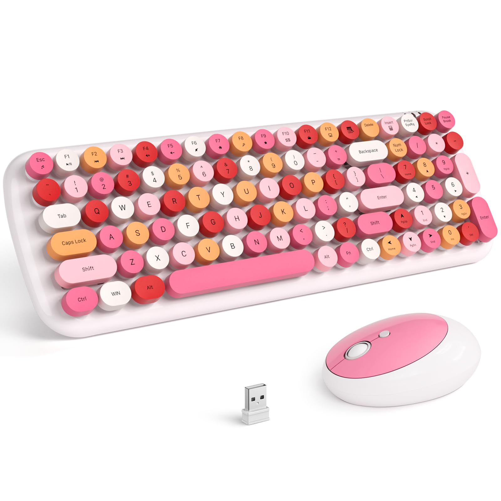 Knowsqt Wireless Keyboard And Mouse Combo, White Mixed 100 Keys 2.4 Ghz Round Keycap Typewriter Keyboards, Usb Receiver Plug And