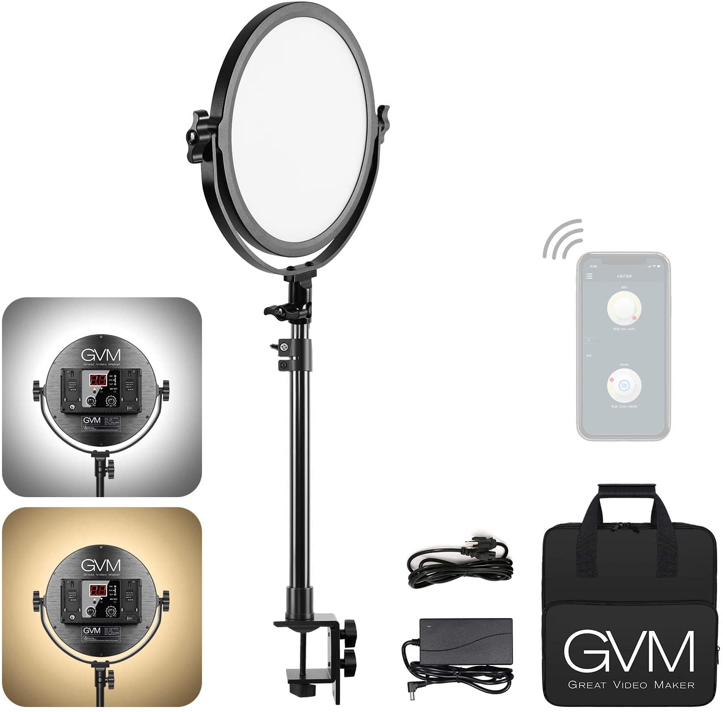 Gvm Desk Mount Led Video Light, 10'' Round Key Light With Built In Diffuser And Lcd Display, Bi Color Professional Light For Gam