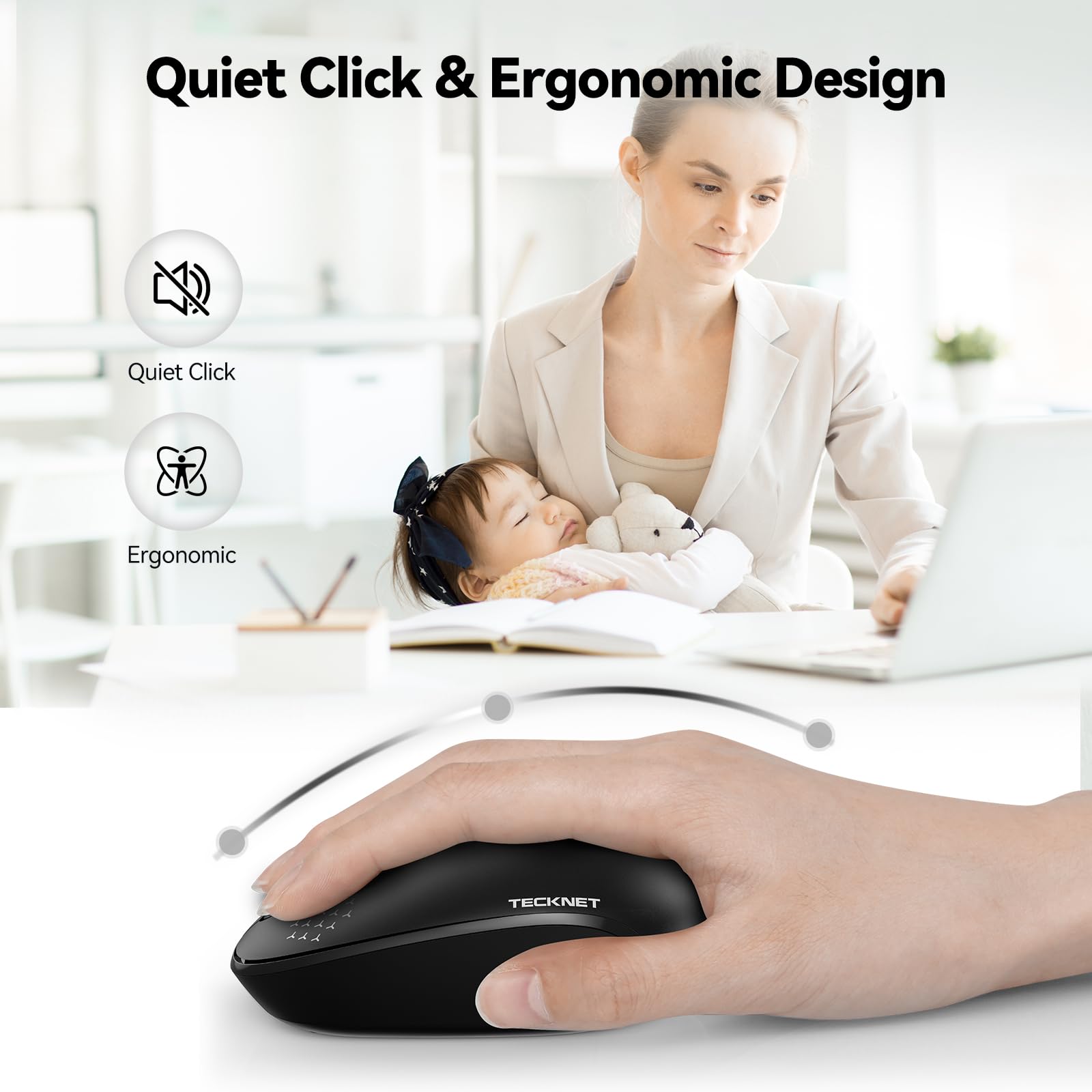 Tecknet Wireless Mouse, 2.4G Quiet Computer Mouse With Usb Receiver, 4 Buttons Portable Cordless Mice For Chromebook, Laptop, Pc, Mac, 800/1200/1600 Dpi   Black