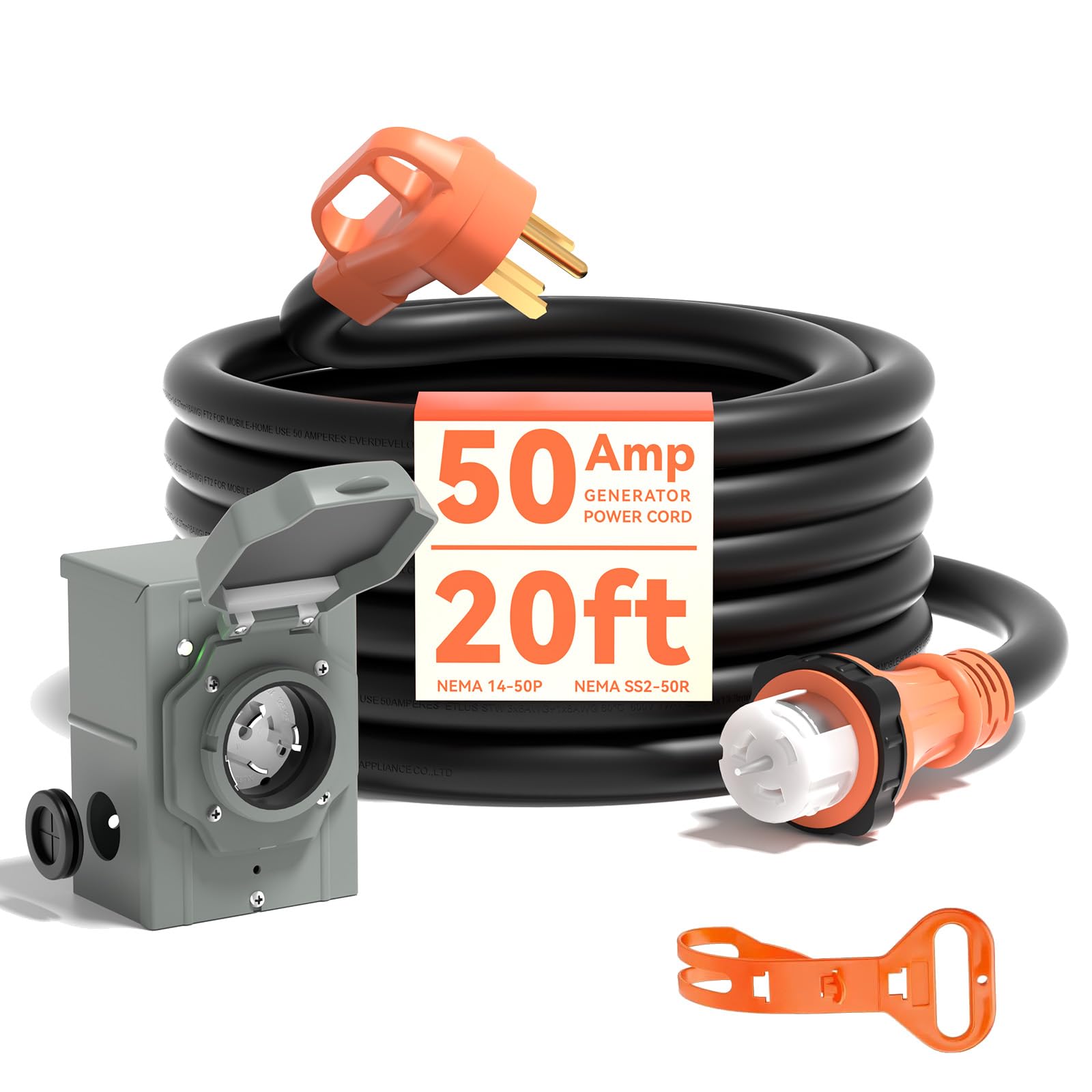 AAIN 50 Amp Generator Cord 20FT and Power Inlet Box, Pre-Drilled 50 Amp Generator Inlet Box with Cord, NEMA 14-50P to SS2-50R Wa