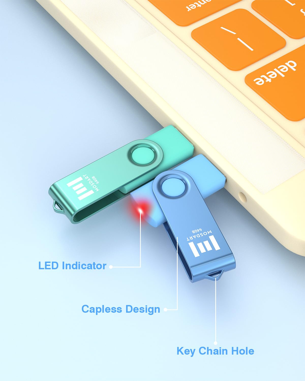Mosdart 64Gb Bright Vivid Color Usb Flash Drive 2 Pack, 64 Gb Dual Multipack Usb2.0 Thumb Drives, Swivel Design With Led Light,