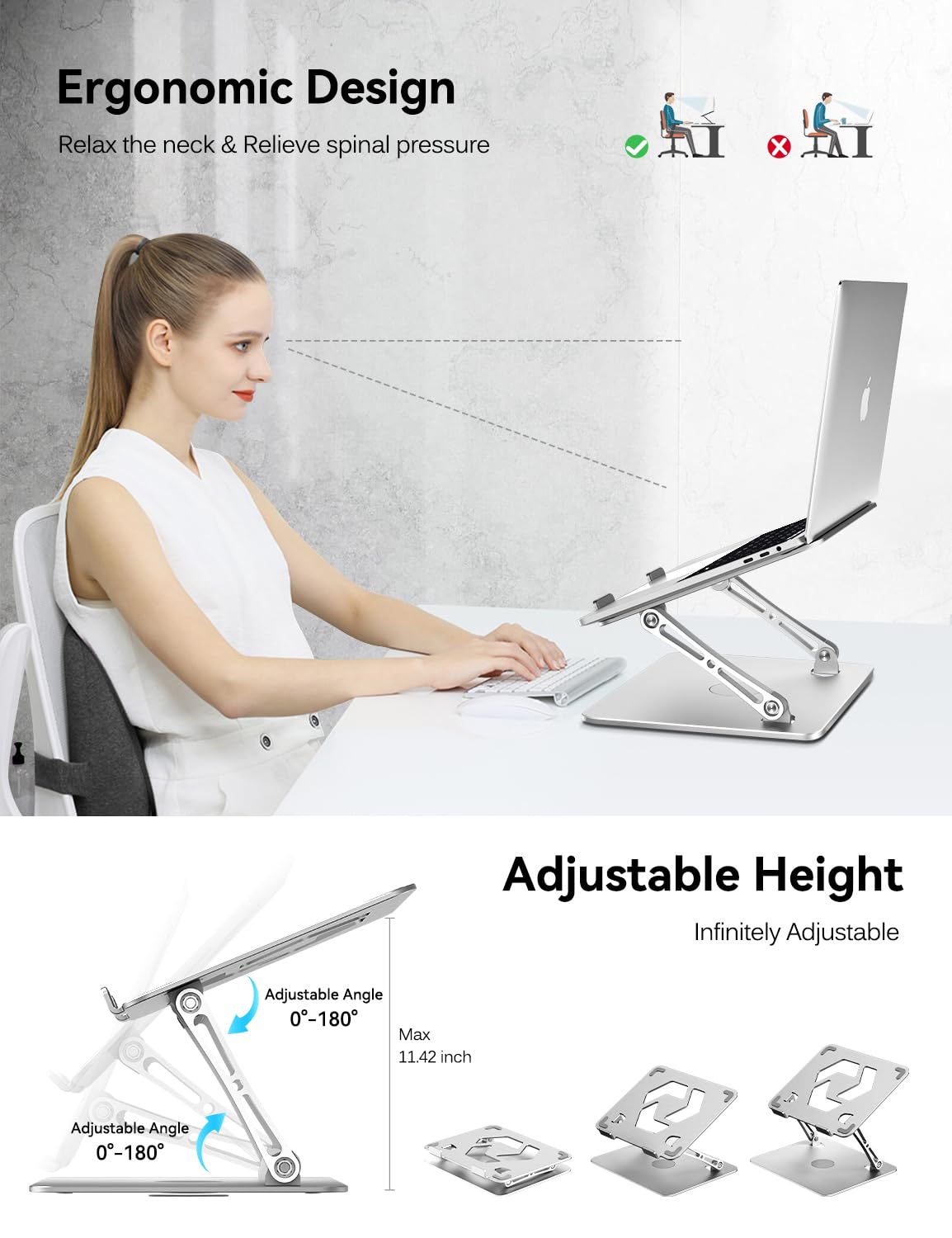 Ivoler Adjustable Laptop Stand With 360� Rotating Base, Ergonomic Laptop Stand For Desk, Foldable & Portable Laptop Riser, For Collaborative Work, Fit Macbook Laptops Up To 16 Inches Silver