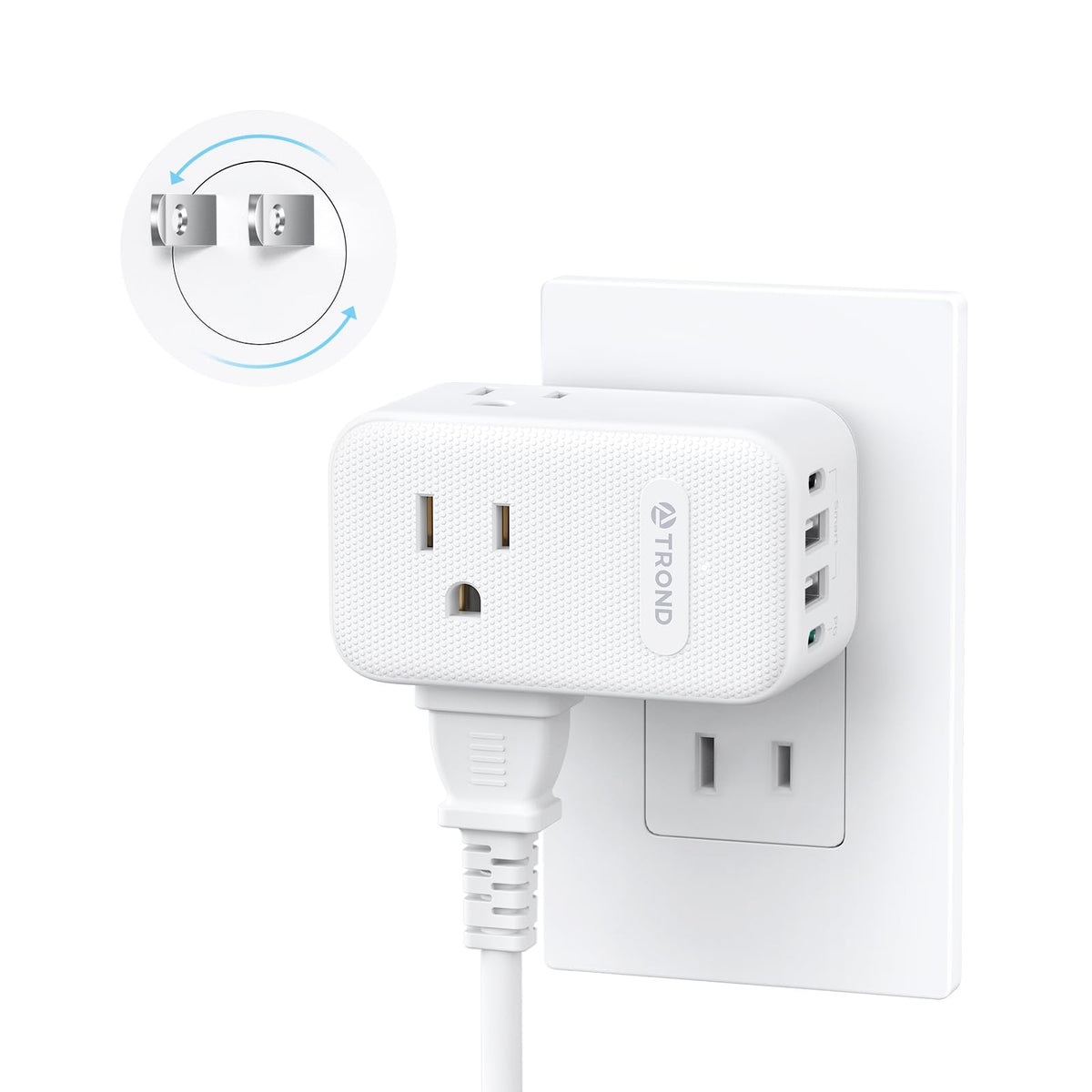 Trond 2 Prong To 3 Prong Outlet Adapter With 360 Rotating Plug, 3 Ac Power Splitter With Usb C Pd20W, Travel Plug Adapter For Us