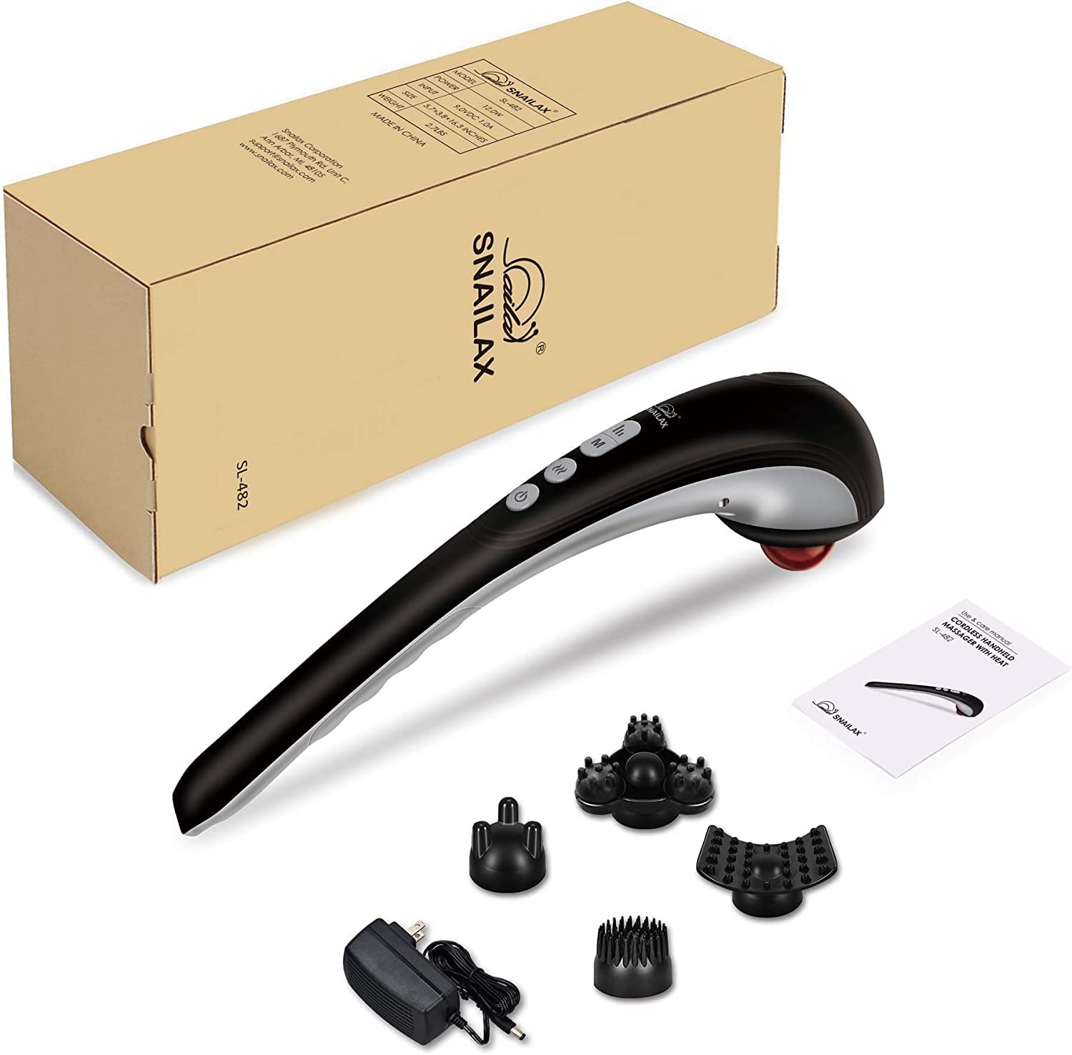 Snailax Cordless Handheld Back Massager With Heat,Deep Tissue Percussion Massager, 3 Sets Of Dual Pivoting Heads,Rechargeable Ha