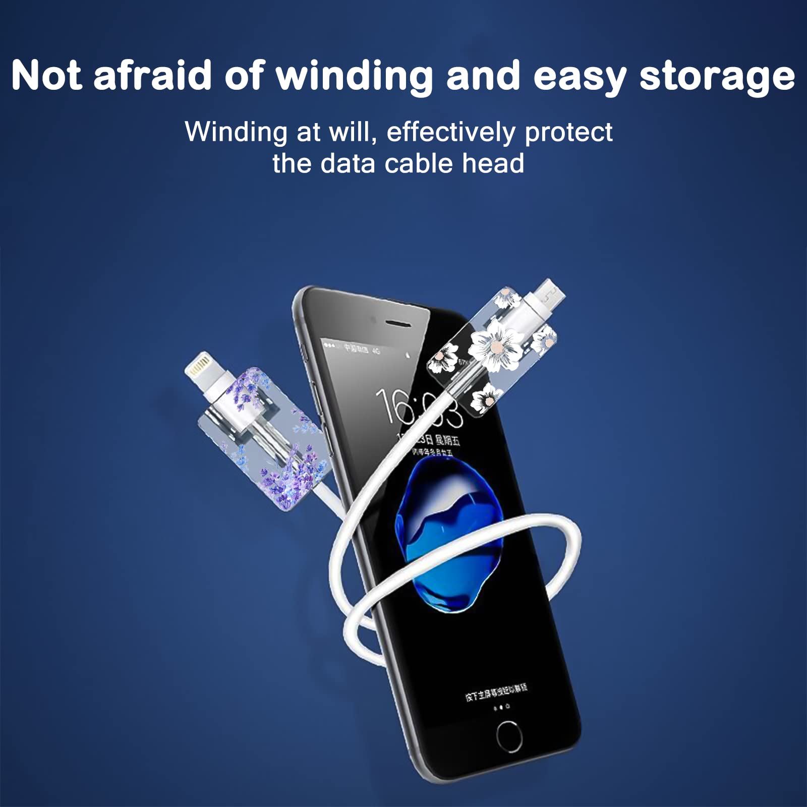 Cute Floral Cable Protector For Iphone Charger Lavender Camellia Sunflower Flower Bouquet Lace Cherry Blossom Pattern 6 Pcs Set