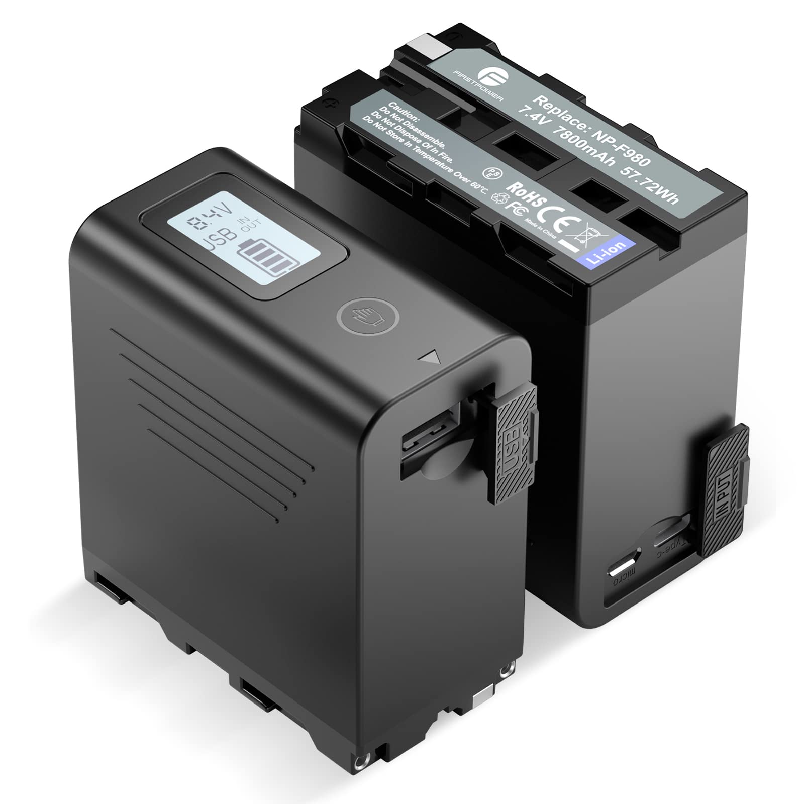 Firstpower Np F970 Battery 2 Pack With Usb Output Lcd Display, Compatible With Sony Handycam Video Light Monitor, Replacement Fo