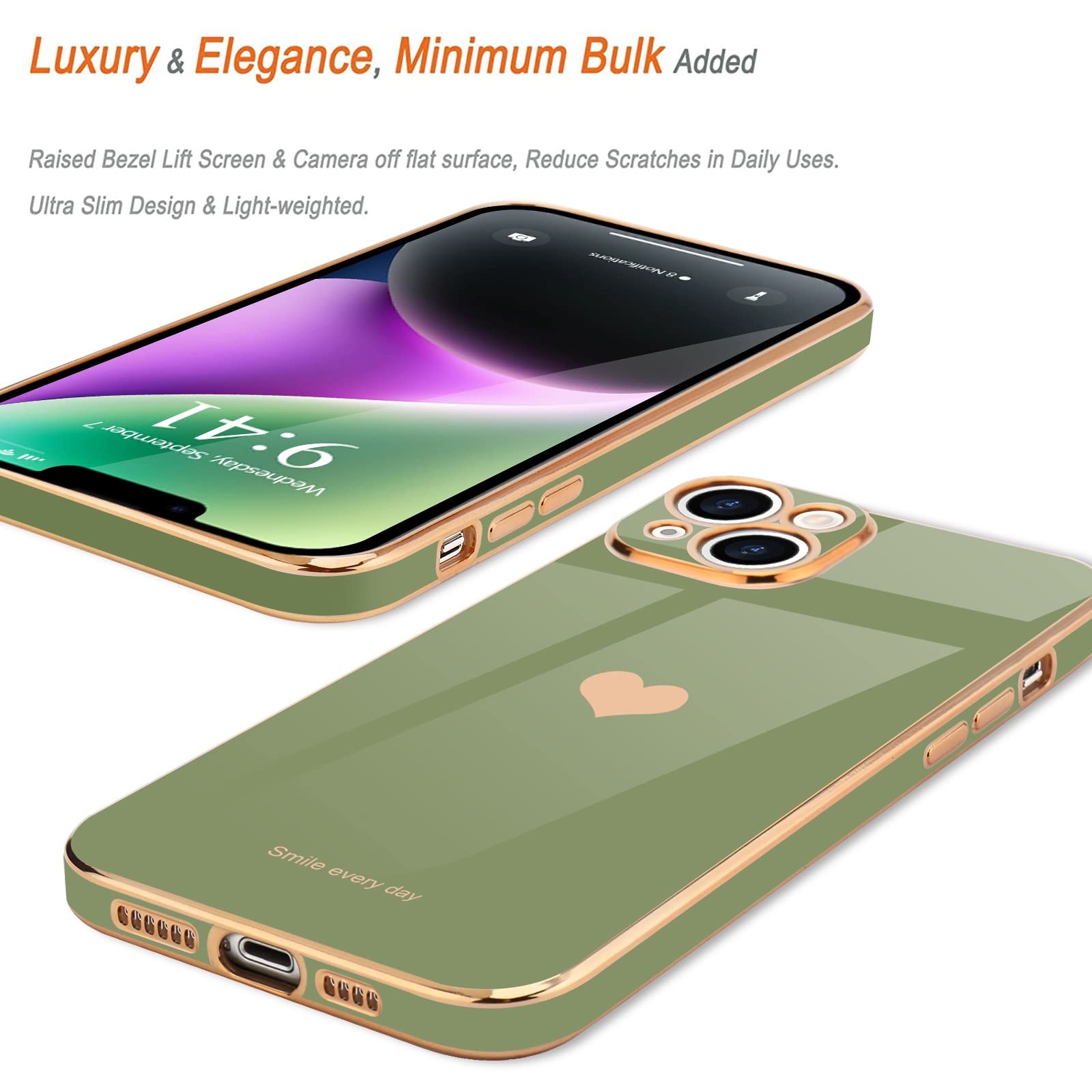 Teageo iPhone 14 Phone Case Cute Love Heart Luxury Electroplate Plating TPU Silicone Shockproof Light Green