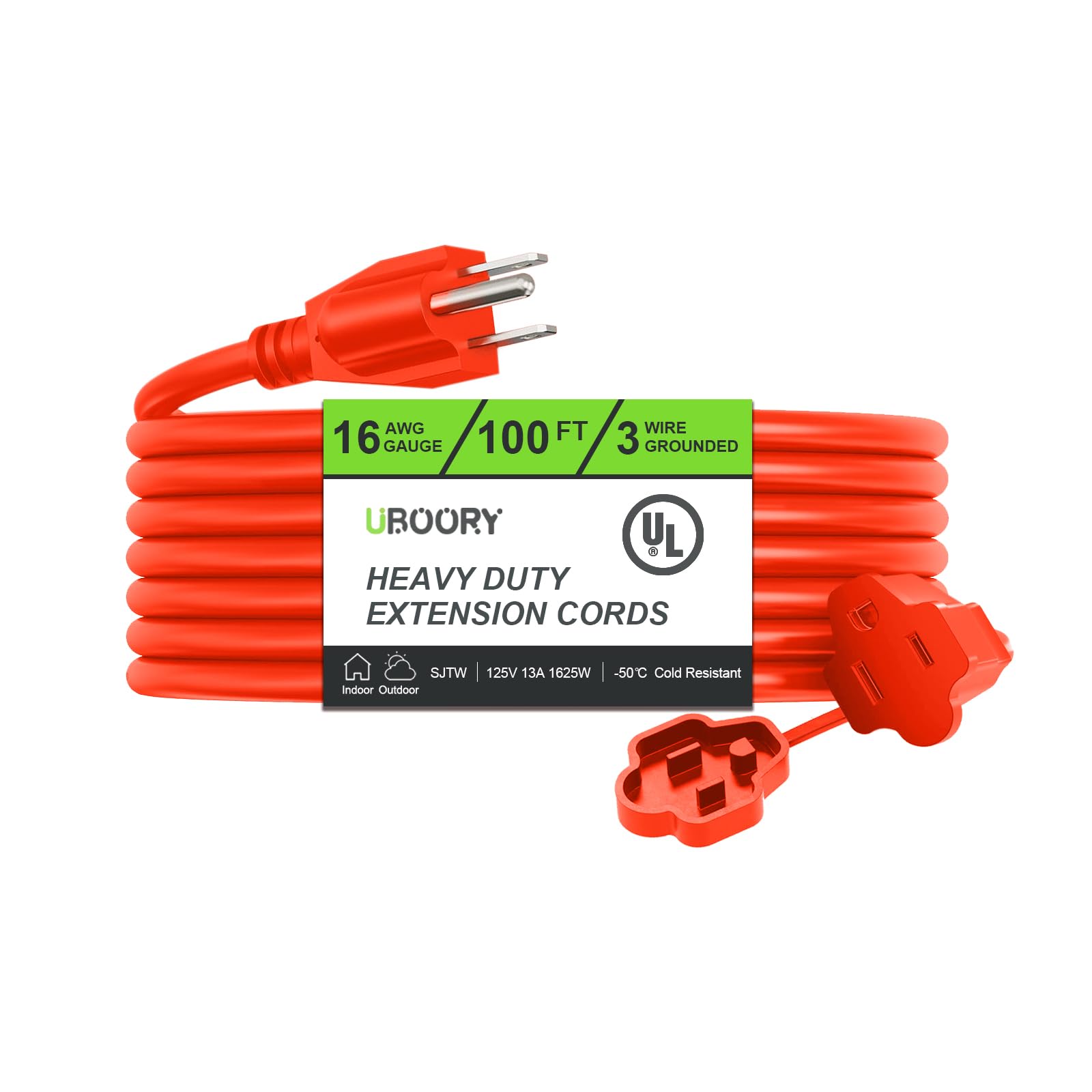 Uboory Outdoor Extension Cord Waterproof 100 Ft, Orange 16/3 Sjtw Heavy Duty, Flexible 100% Copper 3 Prong Extension Cord For La