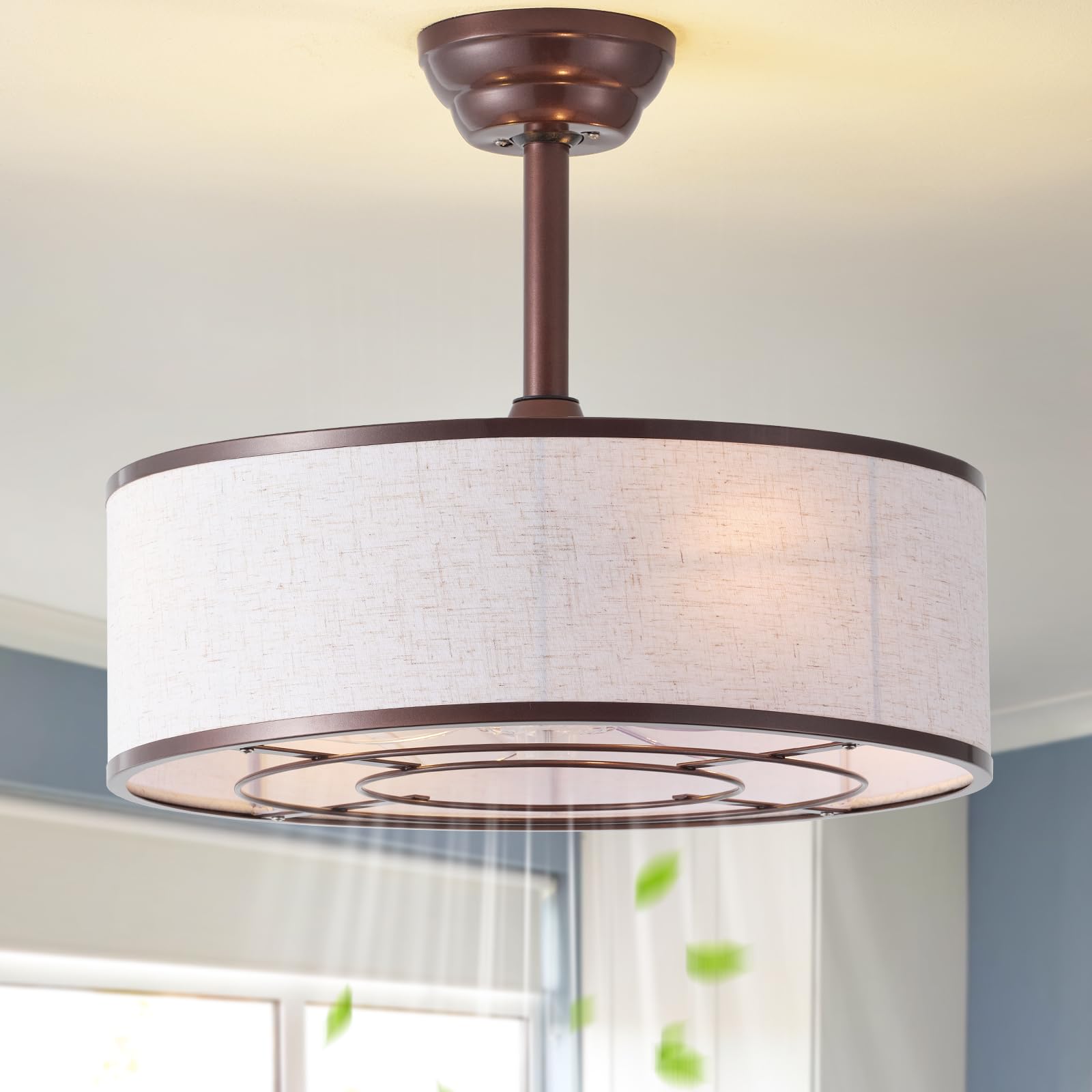 Tuirmhais 20 Brown Caged Boho Fandelier Ceiling Fan with Light & Remote Control - Bladeless Chandelier Fan, 6 Speed Quiet Revers